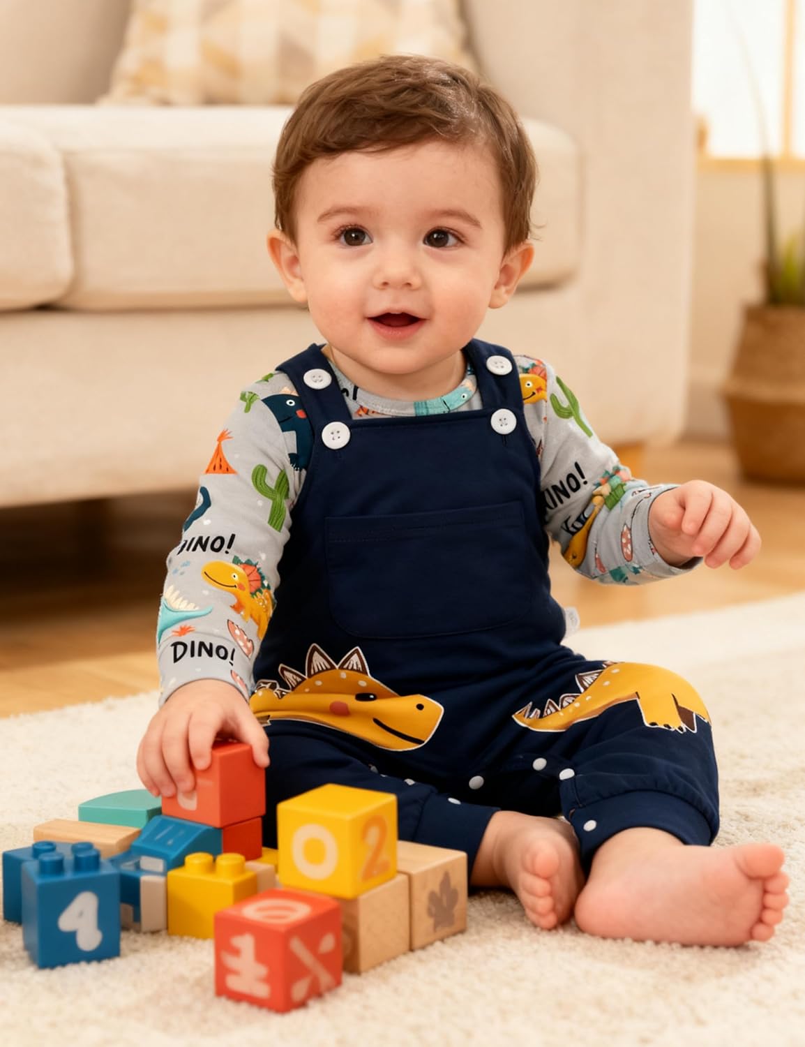 Baby Boy Clothes Dinosaur Romper Adjustable Overalls Baby Boy's Clothing Infant Boy Clothes 2PCS Outfits Fall Winter - Image 3