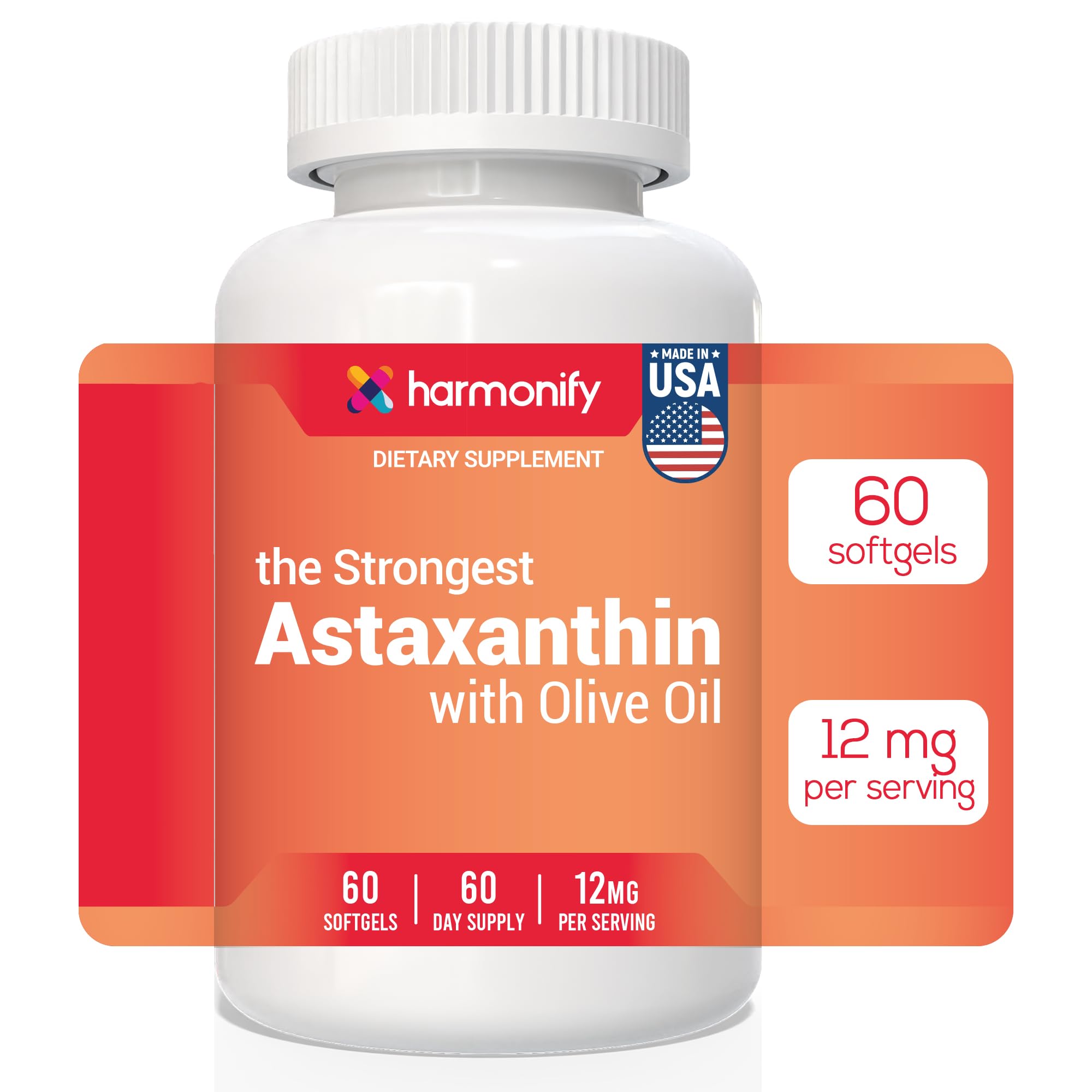Astaxanthin 12mg Supplement with Olive Oil, Microalgae-Based, 60 Softgels