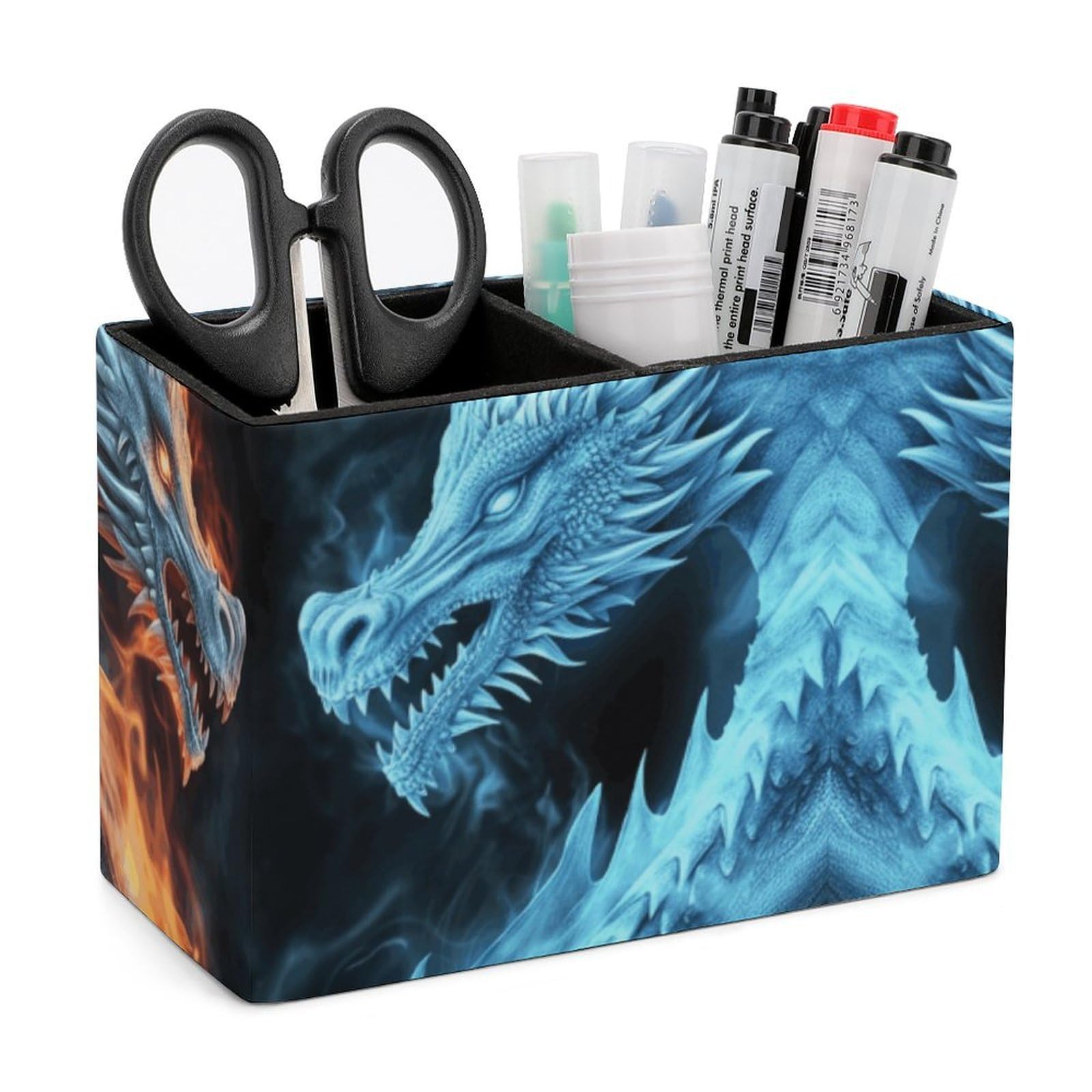 LZQPOEAS Exquisite Patterns PU Leather Pen Holder, Multifunctional Desktop Organizer Caddy with 2 Compartments, Ice And Fire Dragons Pencil Cup Makeup Brush Holder for Office Home
