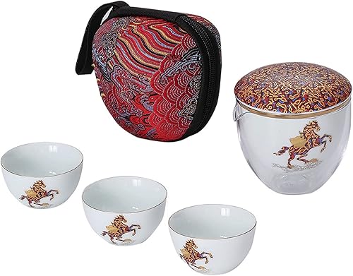 Mozeo Juego de té de cerámica portátil, juego de tetera de porcelana china de kungfu, tetera todo en uno, colador de té, 3 tazas de té, 1 bolsa de