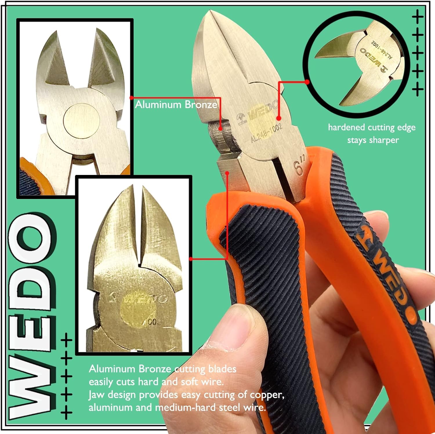 WEDO Nieparkingowe ukośne szczypce tnące 15 cm, bez iskier, bezpieczne szczypce do cięcia drutu, szczypce, standard DIN, certyfikat BAM i FM, brąz aluminiowy