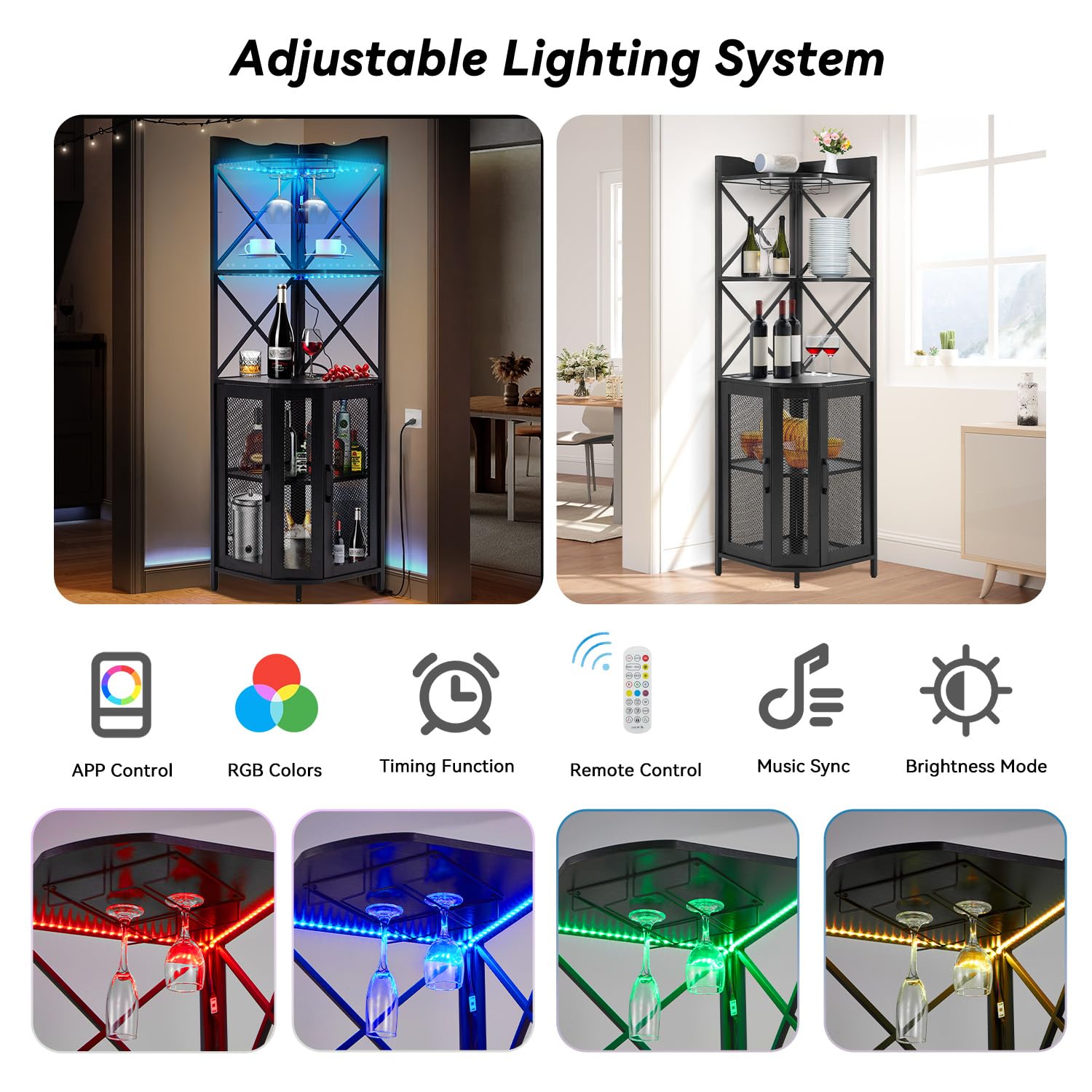 AVAWING Armoire à Vin d'angle avec LED et Prises USB, Meuble de Bar Industriel 5 Niveaux, Buffet Cuisine avec Porte-Verres et Portes Métalliques, Gain de Place pour Salon Salle à Manger (Noir)