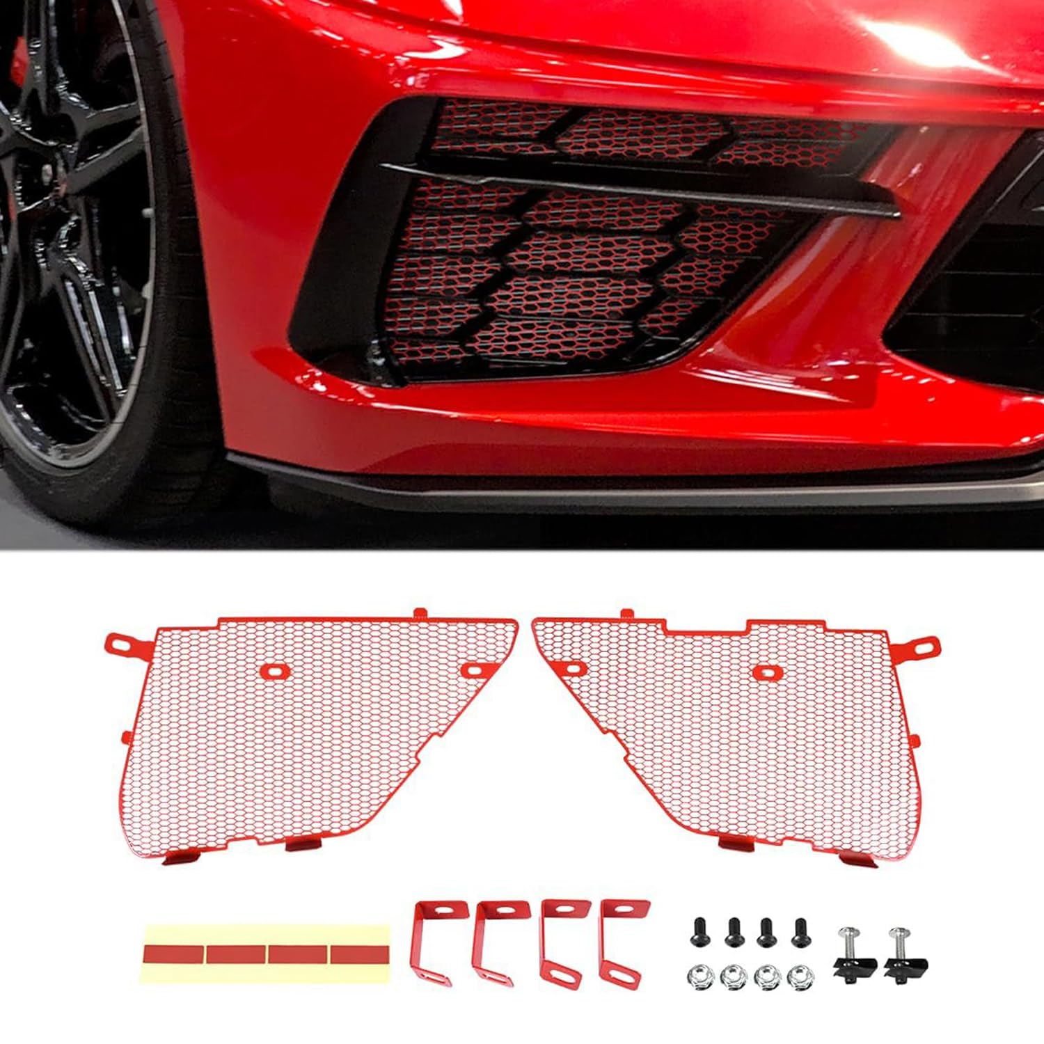 BILLFARO 2Pcs Red Upgraded Front Radiator Guards Grille,Aluminum Front Outer Grill Low Profile Body Bumper Grille Vents Insert Mesh Set for Corvette C8 Stingray Z51 Convertible/HTC 2020-2025