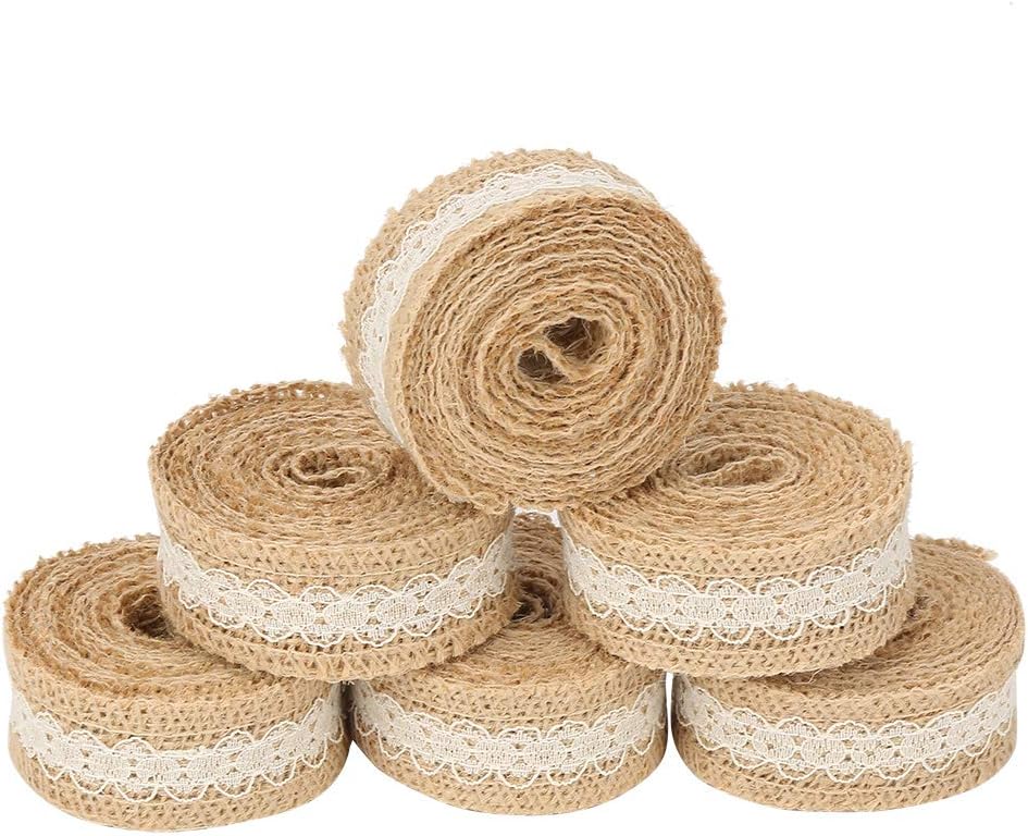 Eujgoov 6Pcs 2M/Roll Hessian Burlap Ribbons, Jute Burlap Ribbon Roll with Lace Ribbon for Wedding Party Favor Decorations 6pcs