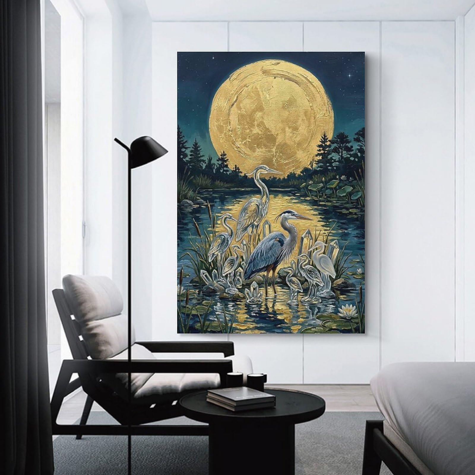 Junmoney Unframe-Style-19 Decorative Wall Artwork Herons And Crystals Under The Full Moon, 12X18inch(30X45cm), For New Homes, Bedrooms Or Workspaces, Canvas Artwork With Gifting Potential