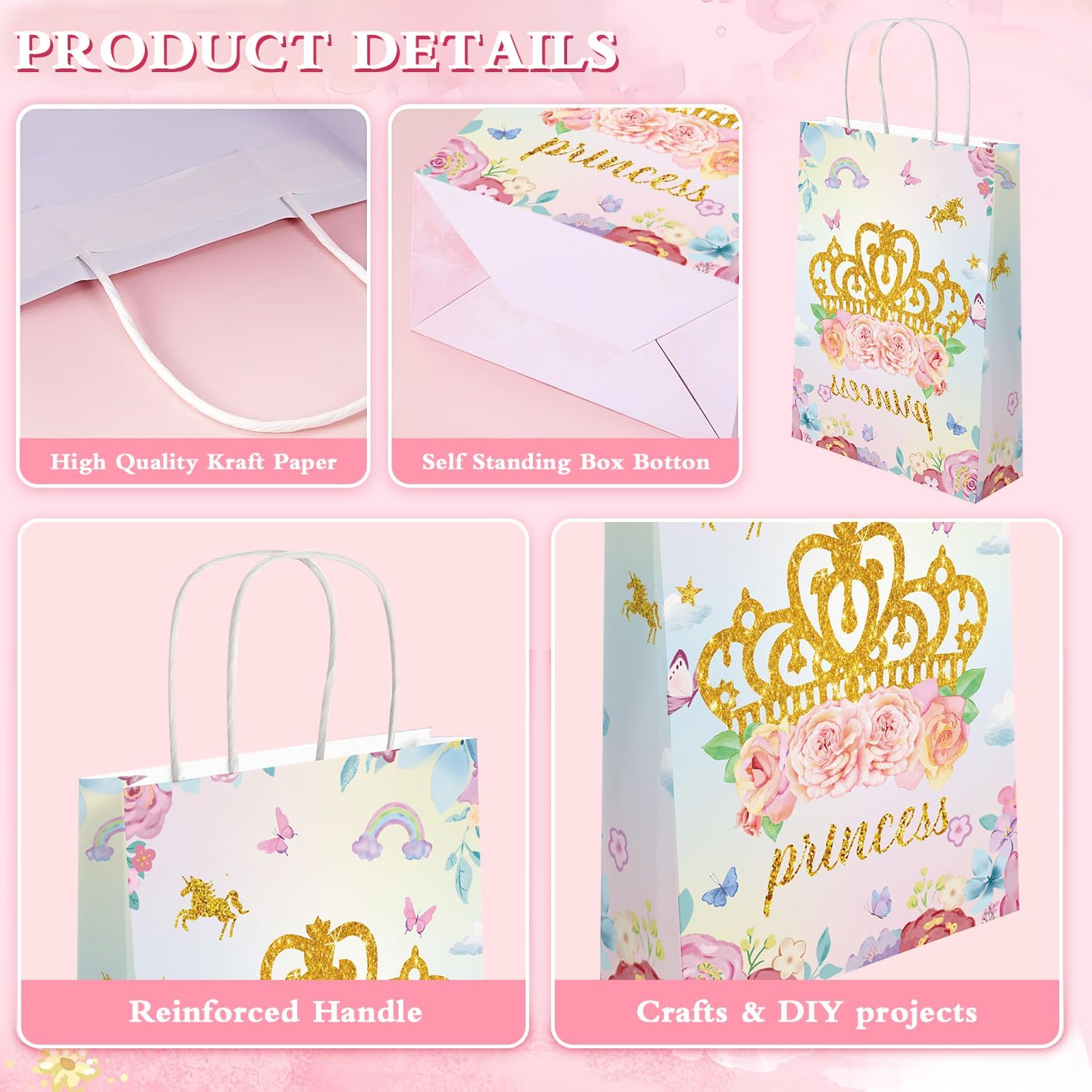 Generic 16 Pcs Princess Prince Party Favor Bags with Handles - Pink, White - 8.3 x 5.9 x 3.1 inches - Birthday, Wedding, Bridal Shower - Princess Theme - Image 4