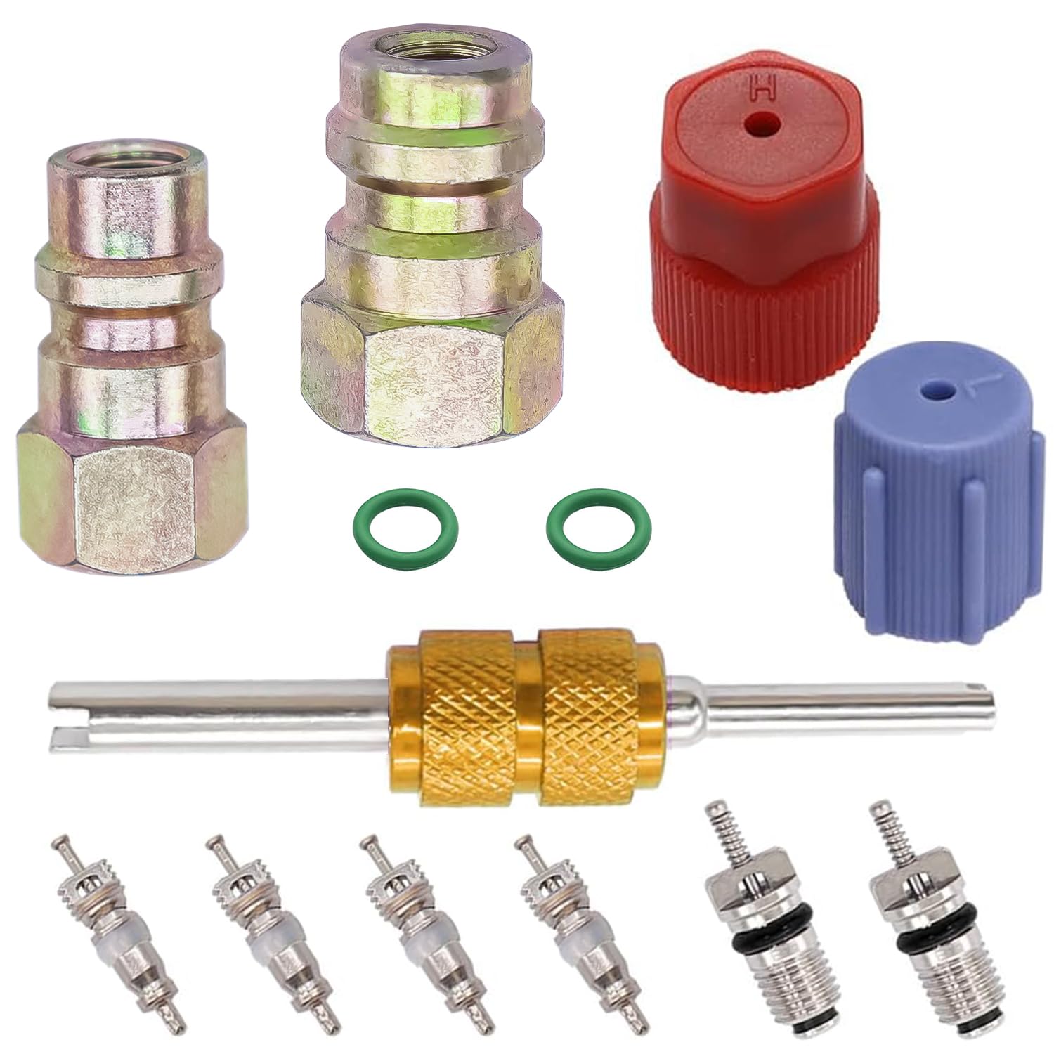 Taiss 11PCS R12 to R134A Conversion Kit,R12 R22 to R134A High/Low Fittings Port with 1/4ββto 7/16"-20 UNF Connection,AC Retrofit Fitting Adapter Kit for AC Air Conditioner Refrigerant System