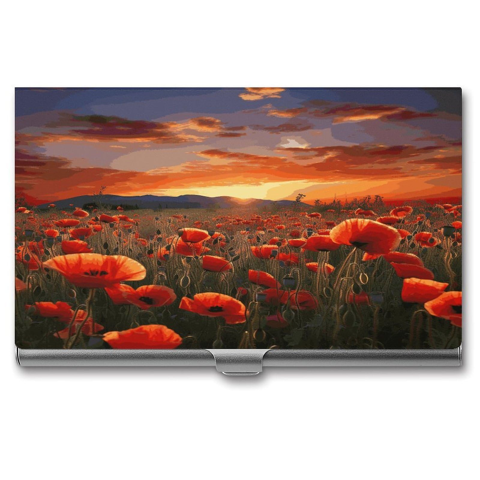 LDGSUPH Red Poppy Flower Field in Sunset Business Card Holder Fashion Slim Name Card Holder Minimalist Design Case Metal Card Carrier Personalized Business Card Case with Flip for Men Women