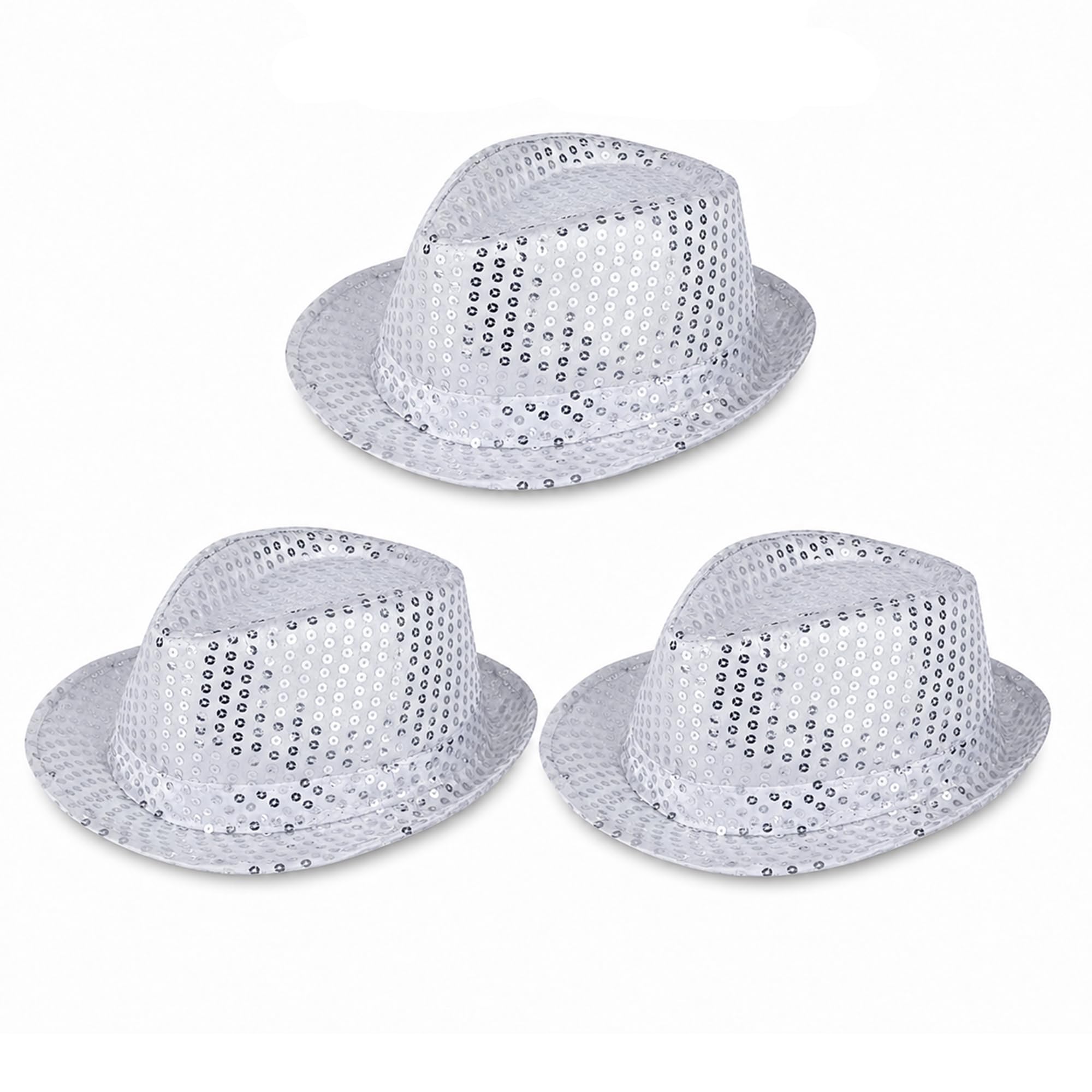 The Fancy Dress® Men Women Trilby Sequin Fedora HAT 1920'S Gangster HAT Dance Show Hiphop Fancy Dress Accessory (3 Pack Silver)