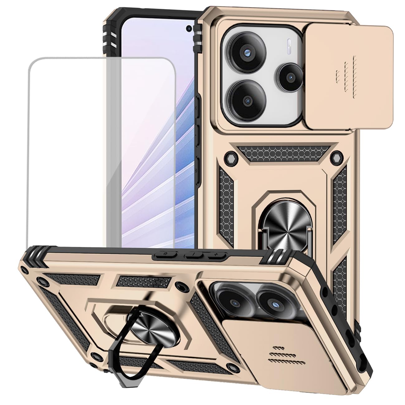 Yodueiv for Xiaomi Redmi Note 14 4G Case with Tempered Glass Screen Protector and Slide Camera Cover, Magnetic Ring Car Mount Holder Kickstand