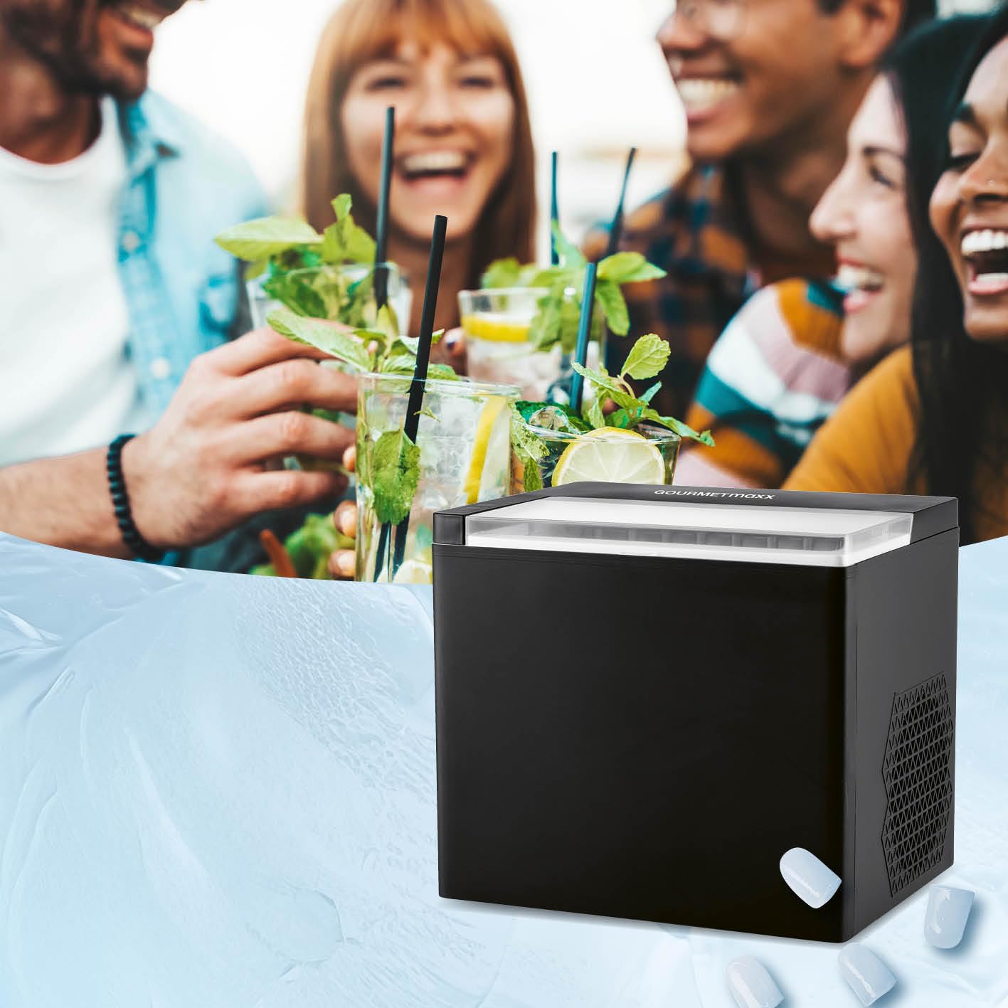 GOURMETmaxx kostkarka do lodu o mocy 150 W, na kemping i do współpracy, nie wymaga podłączenia wody, domowa kostkarka do lodu, w zestawie z pojemnikiem na odpady i łopatką do lodu, 12 kg dziennie
