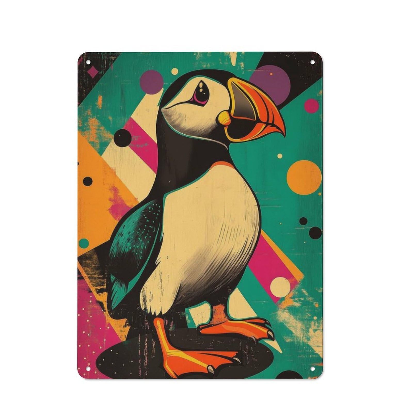 Junmoney Retro Puffin Illustration Vibrant Puffin Pop Art Rustic Metal Sign 40X30cm For Lounge Or Reading Corner, For Reading Corner Decorators