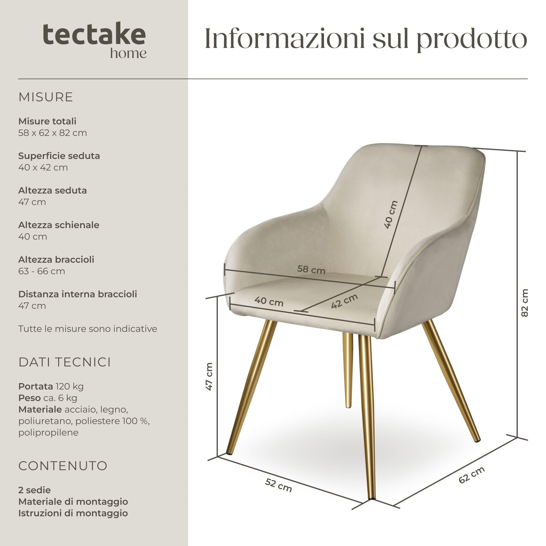 tectake® Set 2 Sedie Sala da Pranzo Effetto Velluto, Sedie Soggiorno con Morbida Imbottitura, Seduta Ergonomica, Poltrone Velluto Versatili, Sedie Design Moderno - Crema/Oro