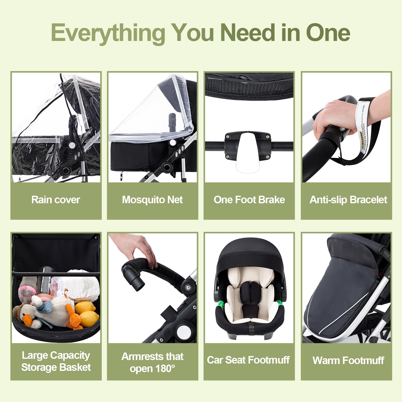 Zkiprm Cochecito de bebé 3 en 1 con sistema de viaje con capazo, hasta 22 kg, plegable, marco de aluminio, mosquitera, cubierta de lluvia, bolso mamá, 0-4 años, Blanco