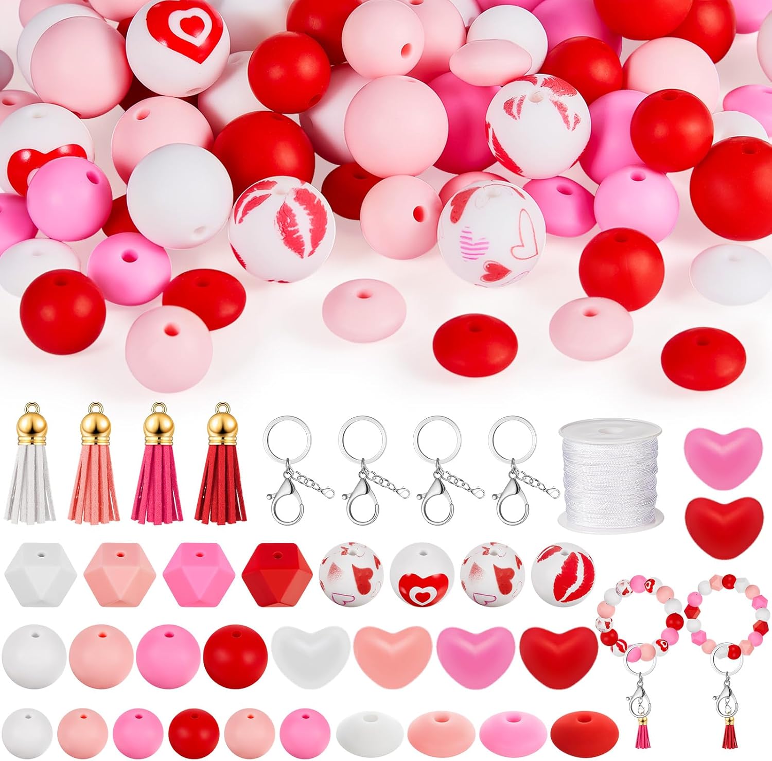 Hotop 150 Pcs Valentines's Day Silicone Beads Set Heart Shape Focal Round Hexagon Beads with Elastic Rope for Keychain Making Lanyards Pens Bracelet Jewelry Making DIY Crafts, 12/15mm