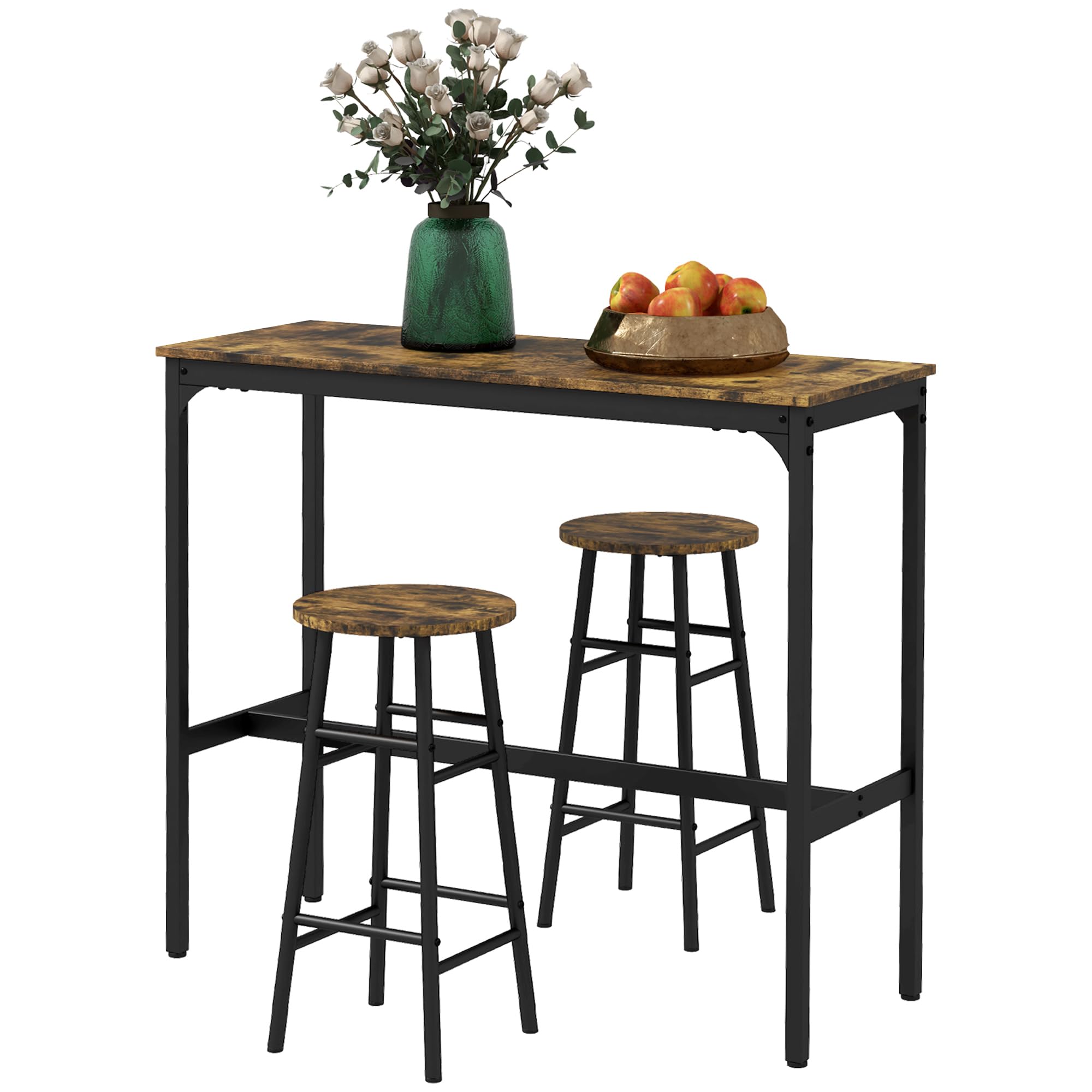 HOMCOM Bartisch Set Bartisch mit Barhocker Set für 2 Personen Esstisch mit 2 Barhocker mit Fußstützen, Küchentisch im Industrie-Design für Esszimmer, Küche, Rustikal-Braun