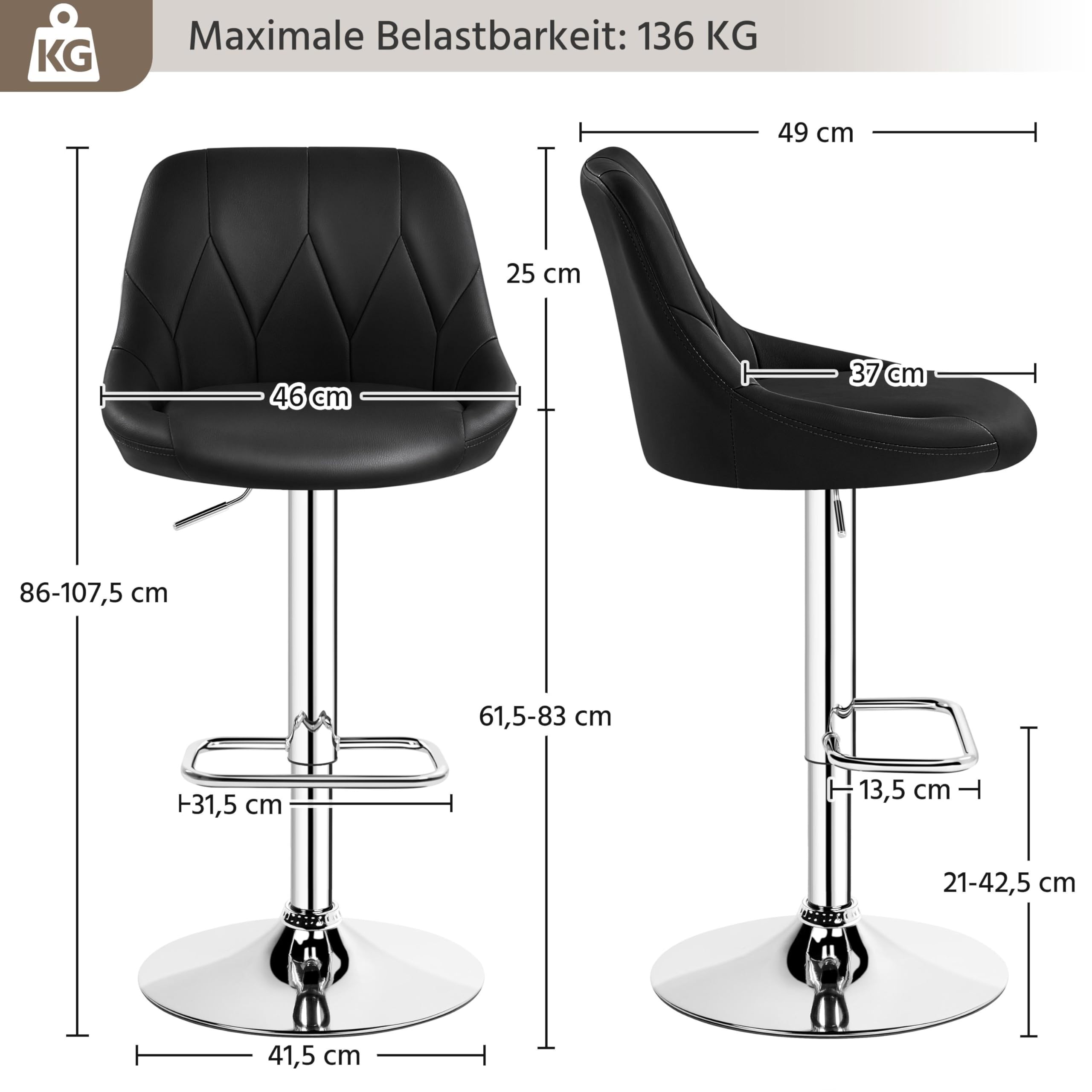 Yaheetech Juego de 1 taburete de bar regulable en altura, giratorio 360°, taburete acolchado con piel sintética para cocina, bar, salón, comedor, color negro