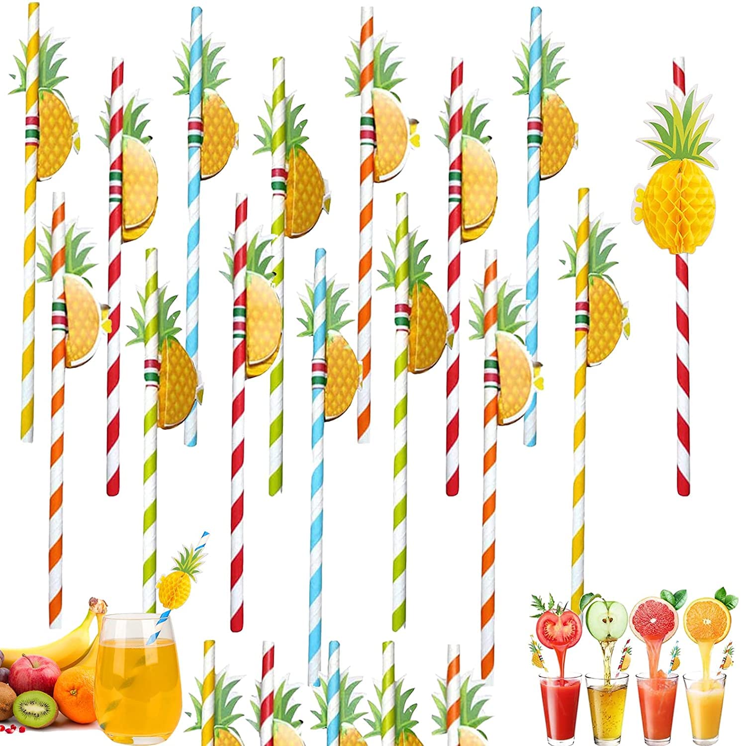 LATRAT Pack of 50 3D Pineapple Straws, Biodegradable Disposable Drinking Straws for Birthday, Wedding, Christmas, Celebration Parties
