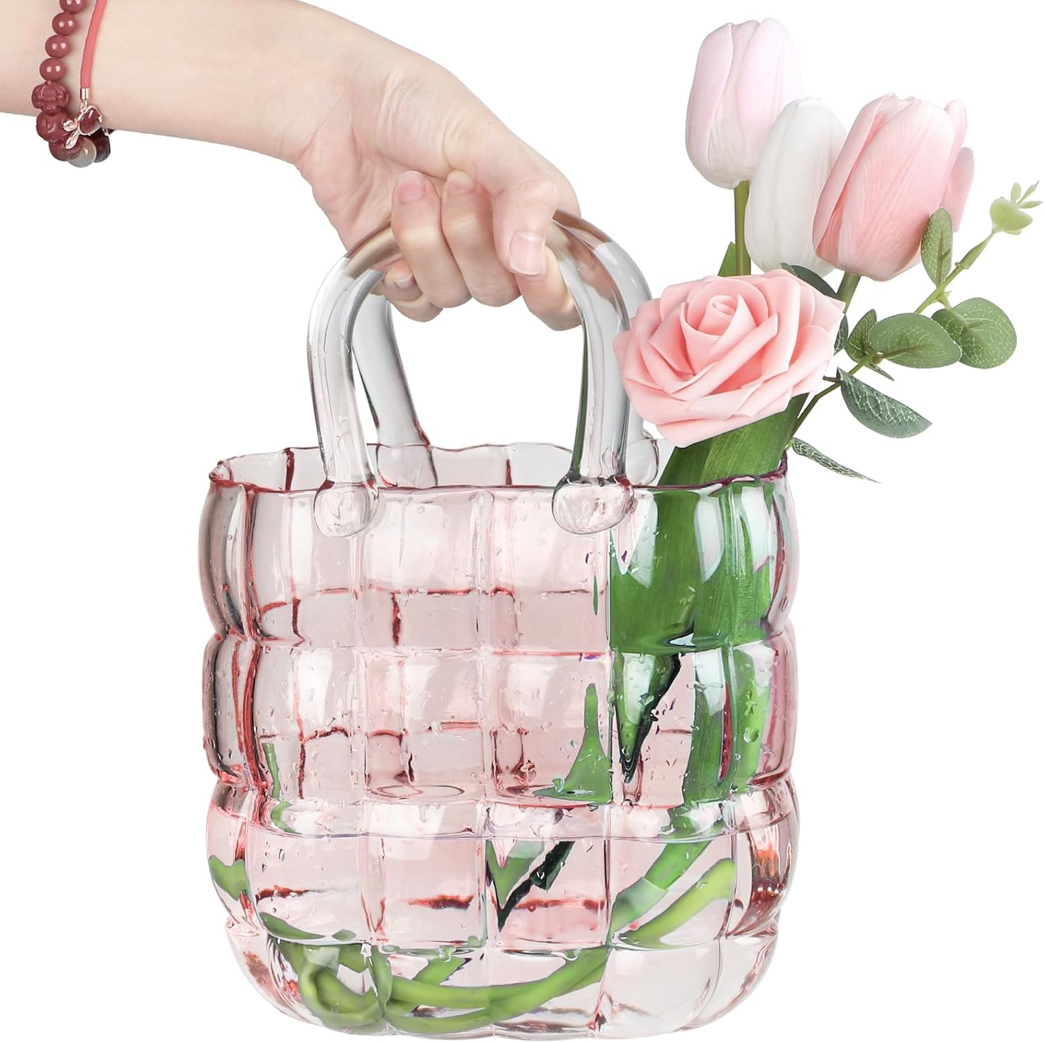 Unique Pink Purse Vase for Flowers,11'' Handmade Thicken Bubbled Glass Bag Vases with Gradient Color for Home Decors .Great Clear Purse Flower Vase for Centerpiece,Floral Arrangement,Wedding Decors.