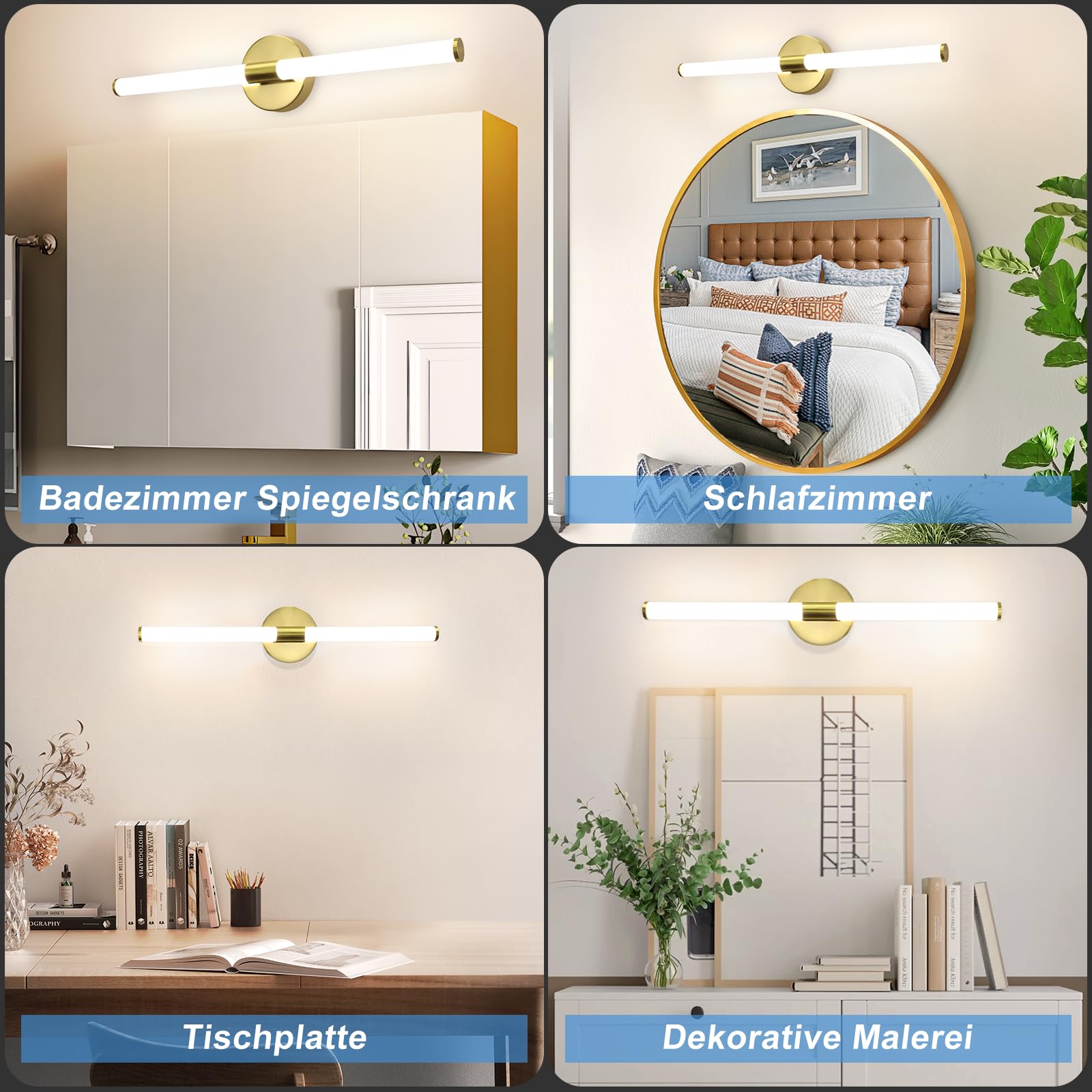 LED Spiegelleuchte Bad Gold Spiegellampe - 60CM Badlampe Wand IP44 Spiegellampe Badezimmer 8W Spiegelschrank Beleuchtung 4000K Neutralweiß Wandlampe über Spiegel für Bad Küche Badschrank
