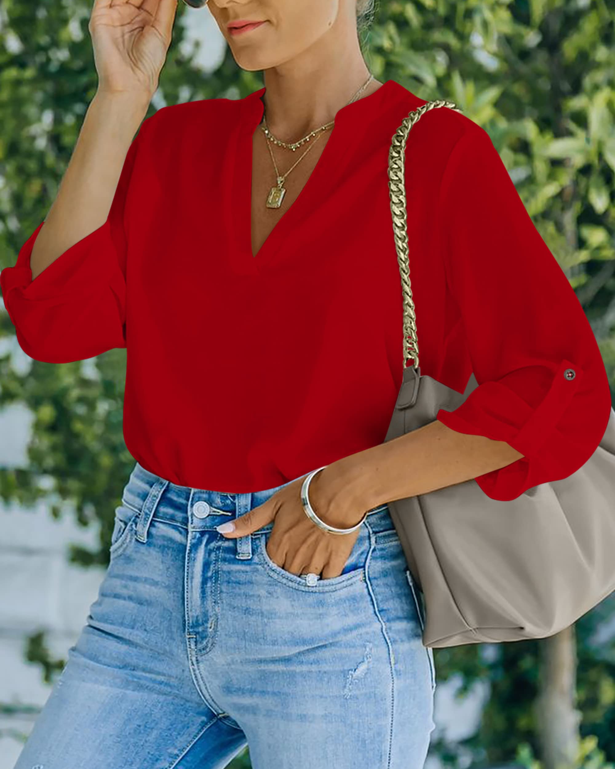 NONSAR Camicetta da donna Henley, elegante, con scollo a V, maniche arrotolabili, in stile casual