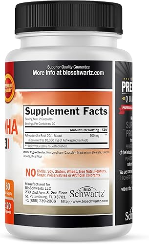 Miniatura 2 de BioSchwartz Ashwagandha Supplements - Cápsulas de Ashwagandha extra fuertes de 500 mg por porción, sin gluten, sin OMG, fabricadas en los Estados