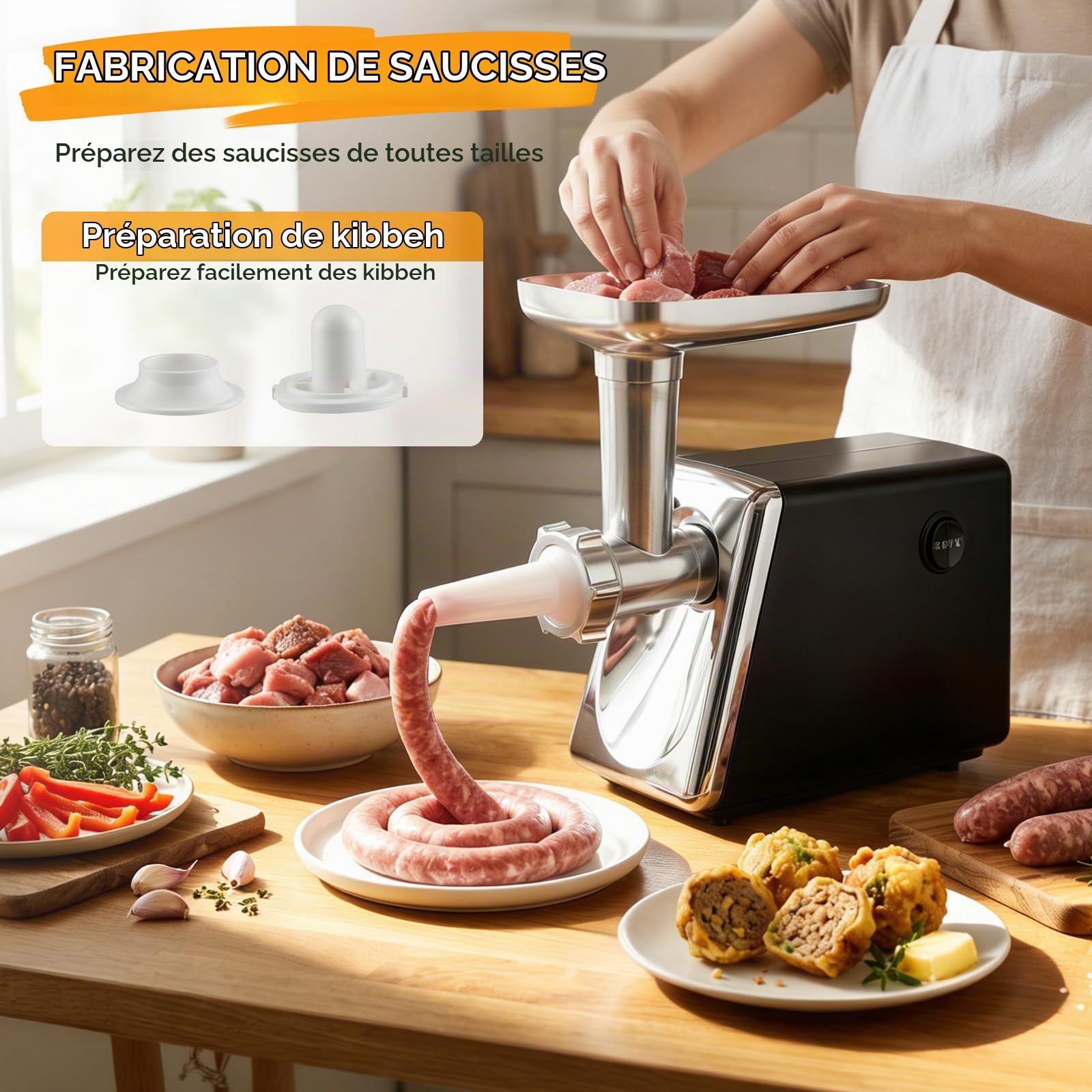 Hachoir À Viande Électrique 4 En 1 Pour Saucisses,Légumes,Fromage, Silencieux Et Protection Contre Surchauffe,En Acier Inoxydable Et Aluminium,Avec 3 Plaques De Coupe Et Remplisseur De Saucisses