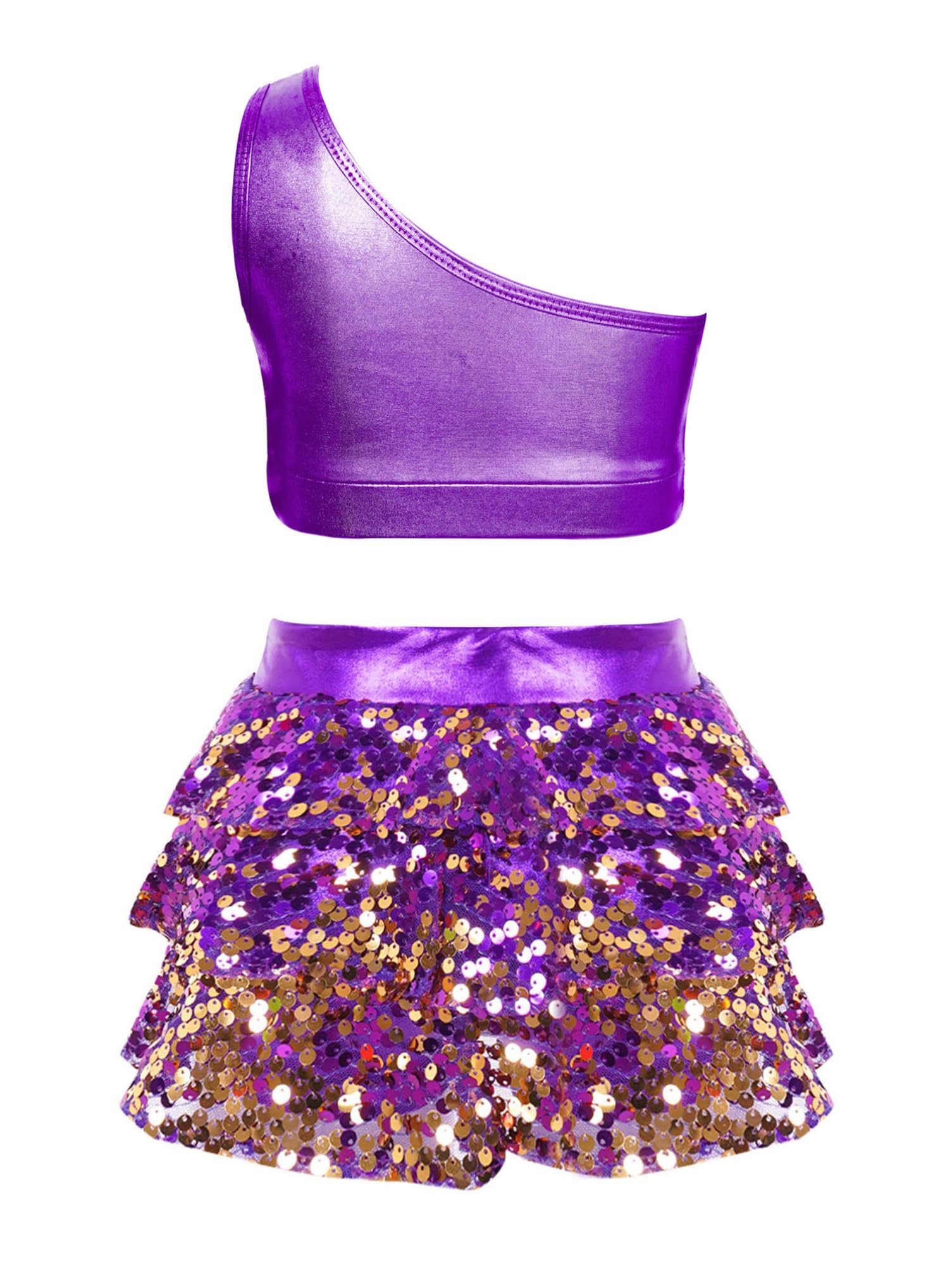 Aislor Traje De Actuación De Baile para Niñas Lentejuelas Top Corto De Un Hombro + Falda Pantalones Cortos con Cintura Elástica Disfraz Baile Salsa Tango Latino