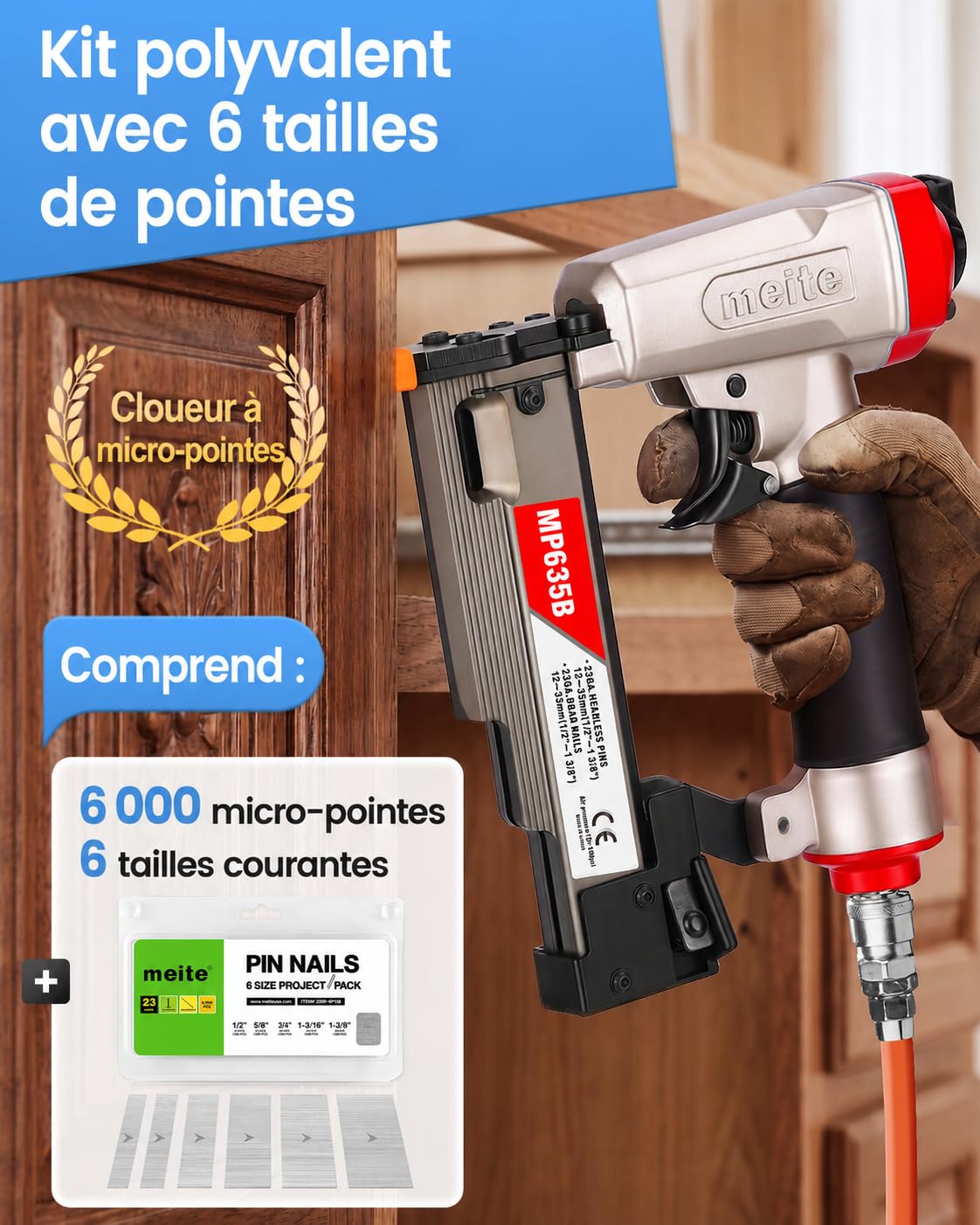 meite MP635B Cloueur de 23GA avec 6 000 Clous (12mm, 15mm, 19mm, 25mm, 30mm, 35mm), Cloueuse Pneumatique À Micro-Pointes, pour Clous 23G de 12 mm - 35mm, Idéale Pour Lambris, Petites Finitions
