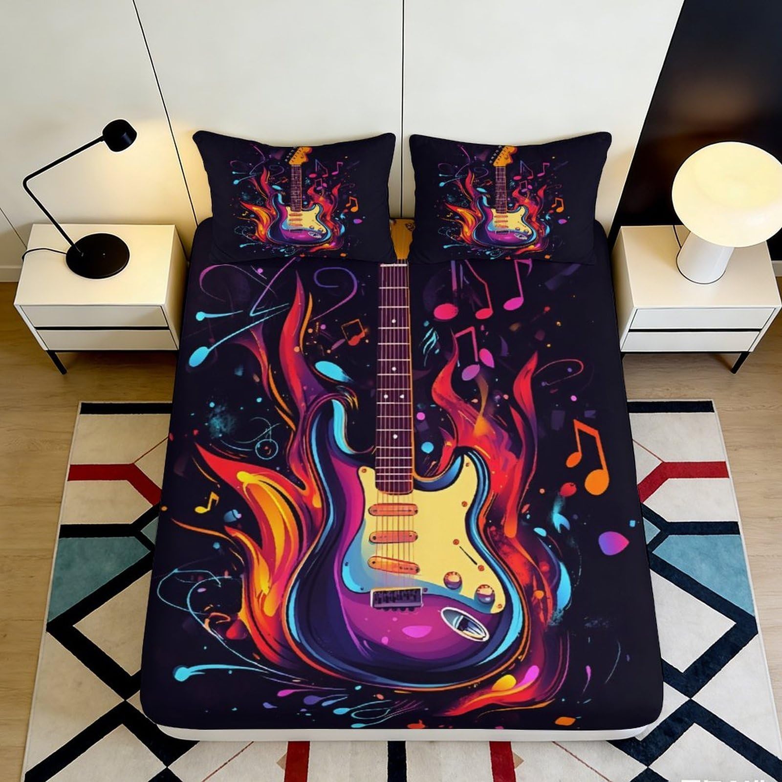 3D Printed Electric Guitar Fitted Sheet Microfiber Musical Notes Bed Cover for Bedroom Dorm Mattress Decor 90x200x25cm