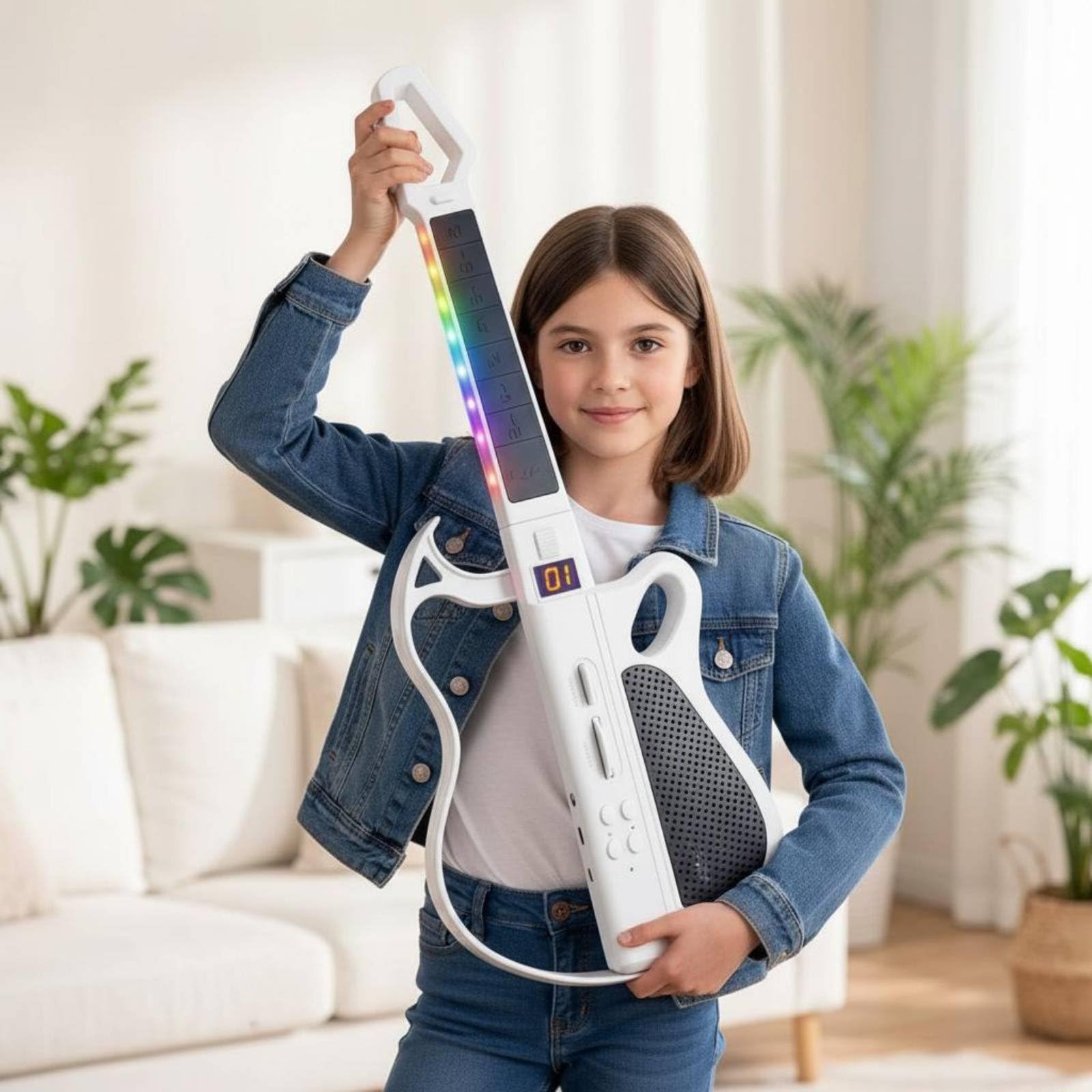 Gralara Chitarra Intelligente Senza Corde Connessione Bluetooth Chitarra Elettronica Luminosa 7 Suoni di Strumenti Giocattolo Musicale per Principianti, Silver Black