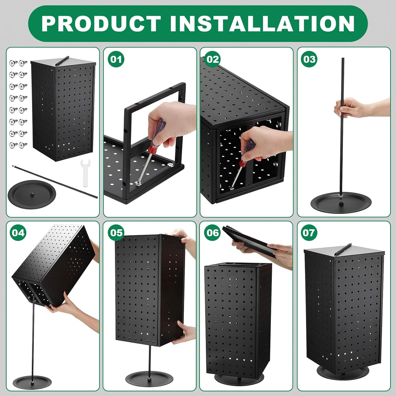 Wesiti Pegboard Metal Rotating Display Stand with 20 Hooks 4 Sided Spinning Peg Board Displays Jewelry Earring Stands Craft Keychain Rack Necklace Holder for Retail Table Counter(17",Black)