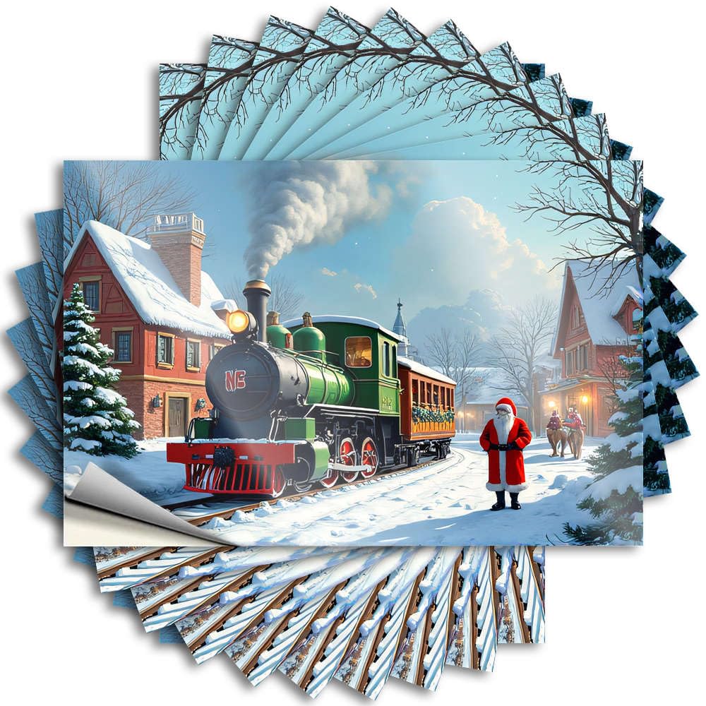 Restroom Decor, Decal Essentials Hat A Snowy Village with A Green Train and Santa Claus | Plush Waterproof Vinyl Stickers(6X9CM)