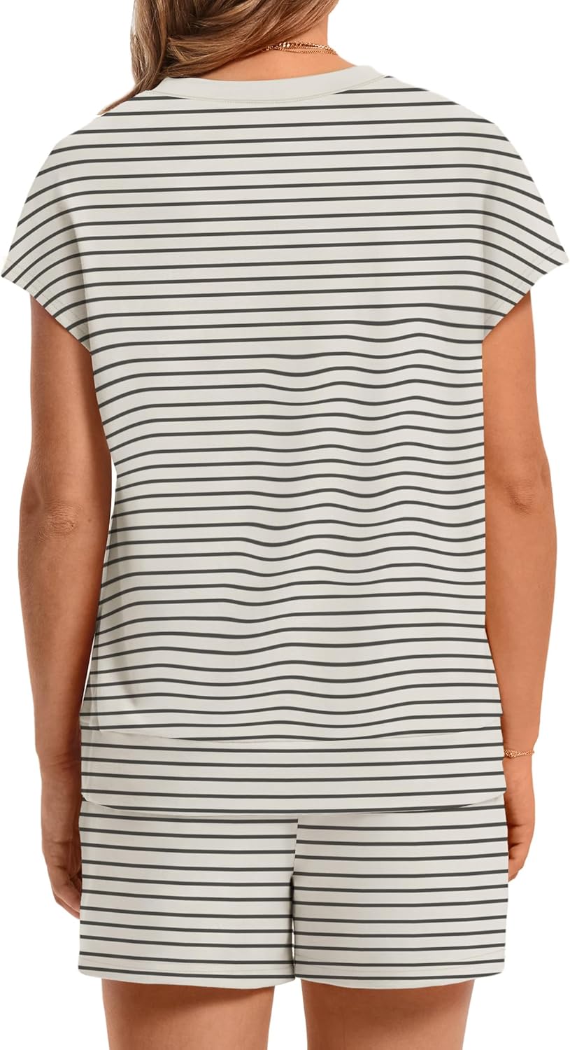 WIHOLL Two Piece Sets for Women Summer Crew Neck Lounge Short Sets Cap Sleeve Drawstring Sweatsuit with Pocket - Image 5