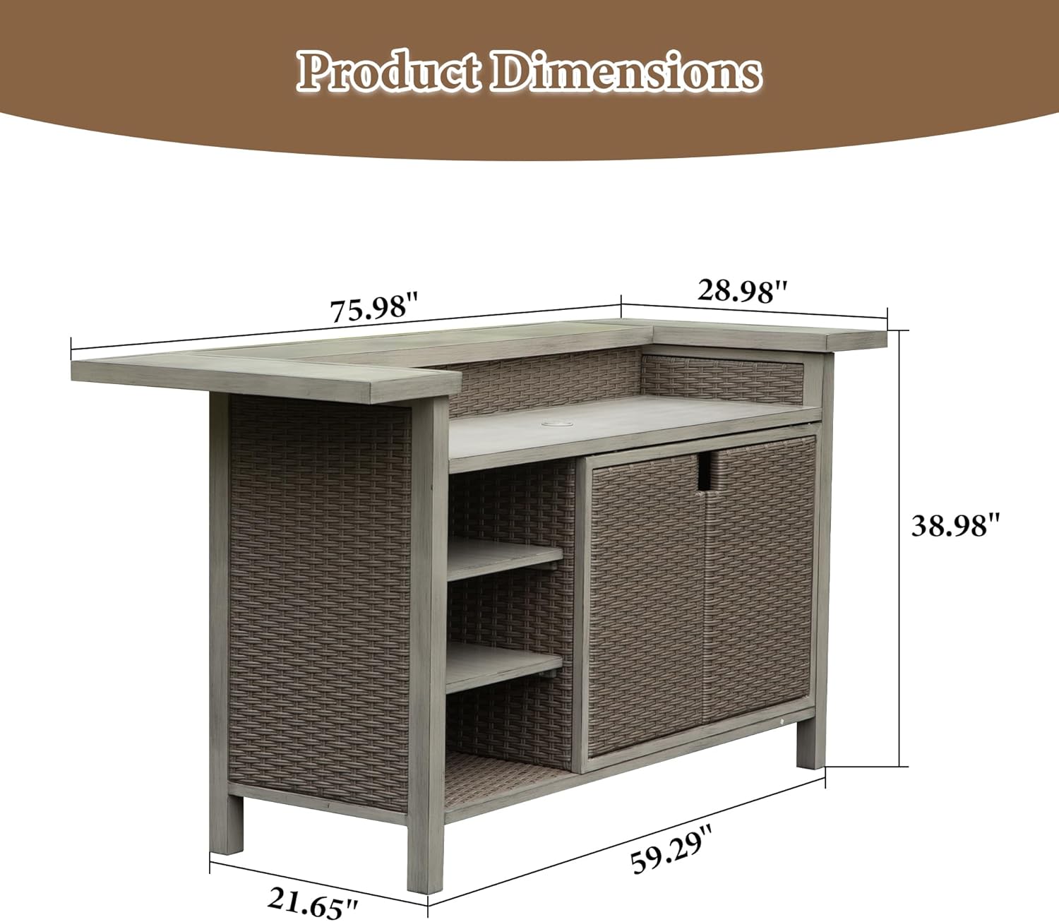 Domi Patio Bar Table, Outdoor Aluminum PE Wicker Bar Cart with Cabinet, All Weather Use Storage Patio Cabinet for Patio Kitchen or Bar Cart, Wood Grain