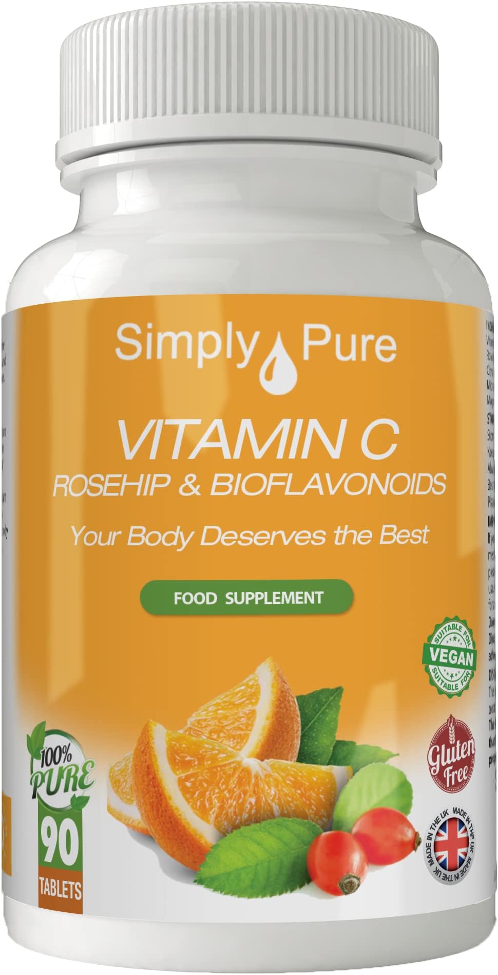 100% Natural Vitamin C from Rosehips & Citrus Bioflavonoids for Immunity and Collagen Boost | 1400mg Tablets x 90 | High Strength | Gluten Free | GM Free | Vegan