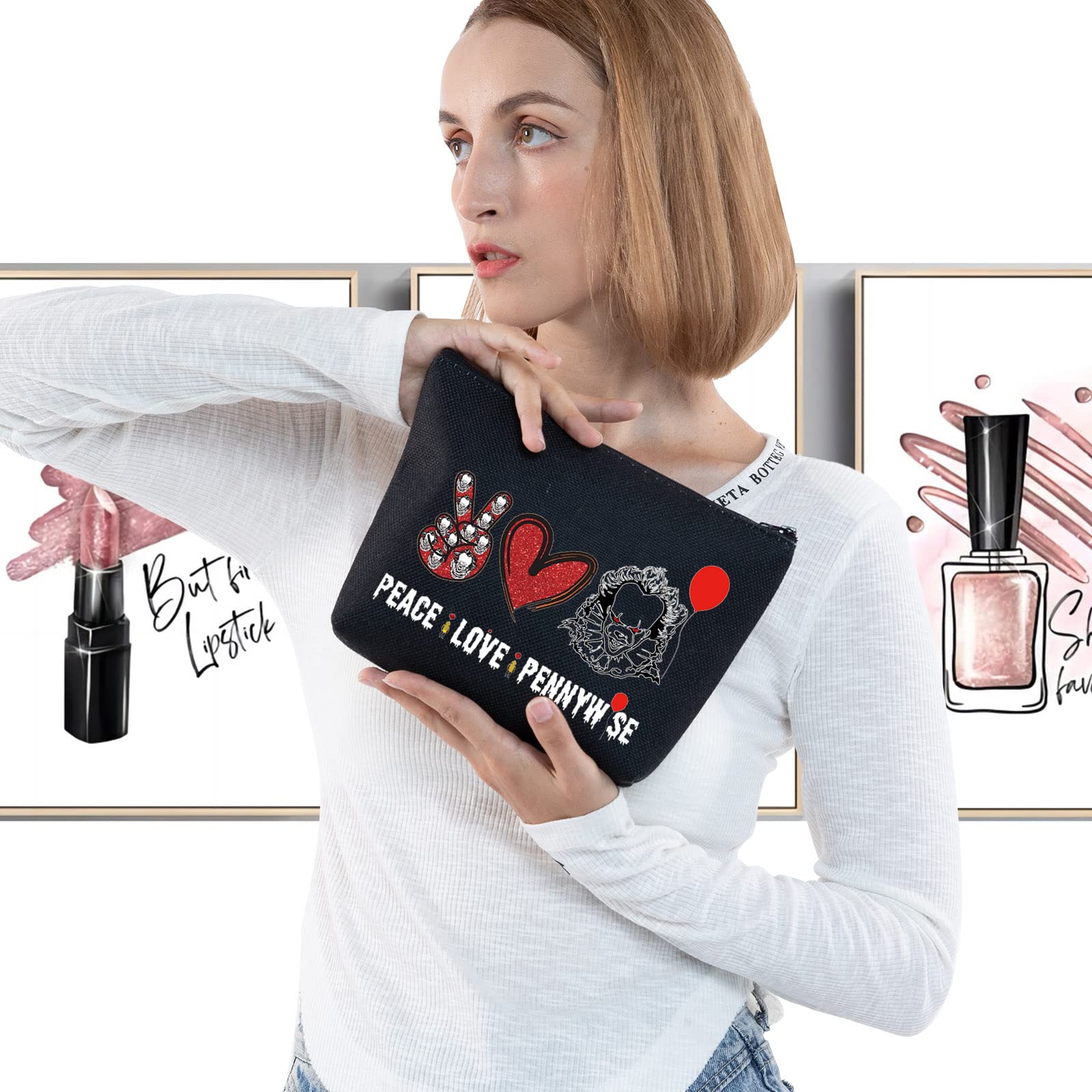 LEVLO Clowns Cosmetic Make Up Bag Movie Fans Gift Peace Love Clowns Makeup Zipper Pouch Bag Horror Movie Gift - Image 3