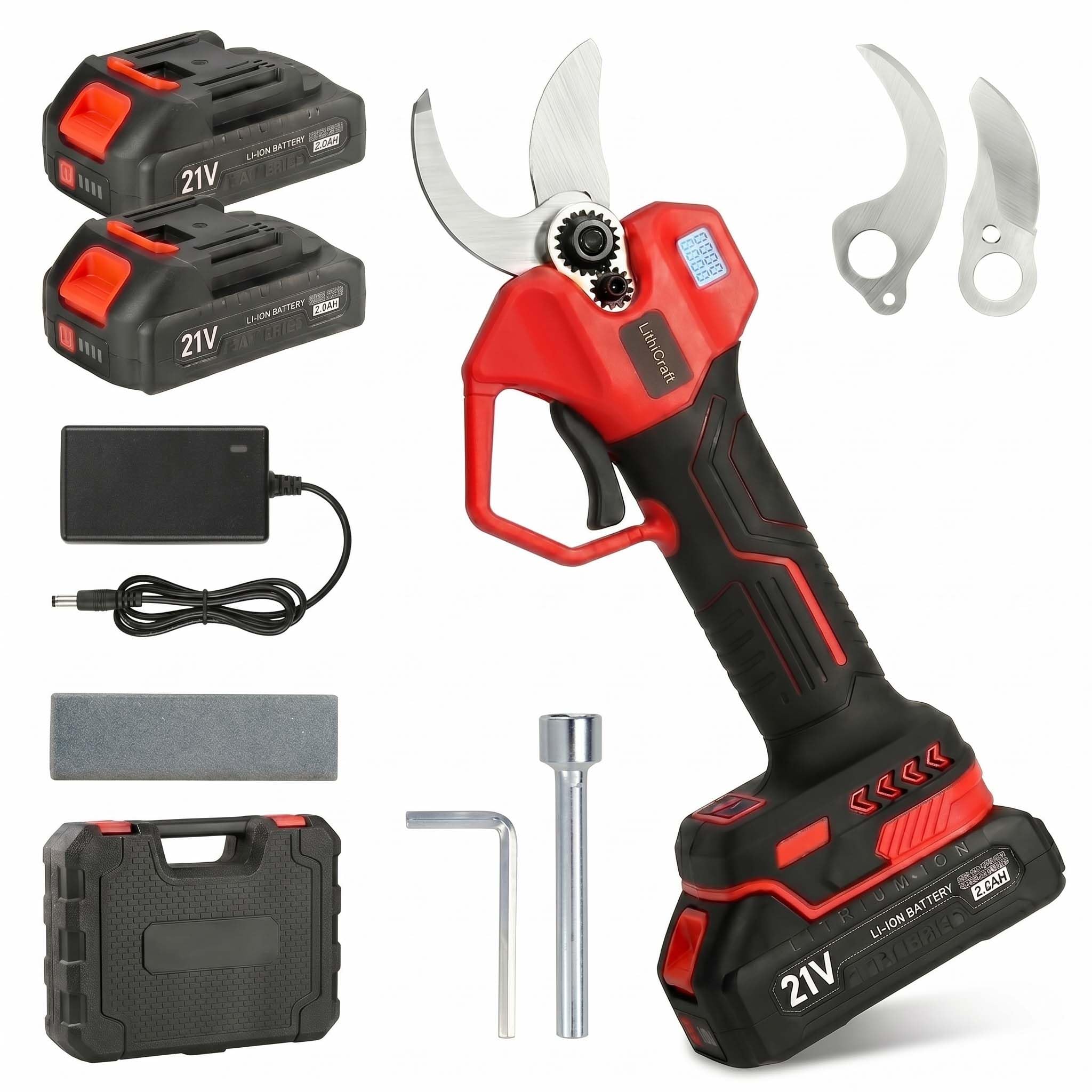 Sécateur Électrique, Sécateur Sans Fil avec 2 Batteries 2,0 Ah, Diamètre de Coupe 32 mm, Moteur Sans Balais, Écran LED avec Compteur de Coupes, pour Arbres Fruitiers, Vignes et Rosiers