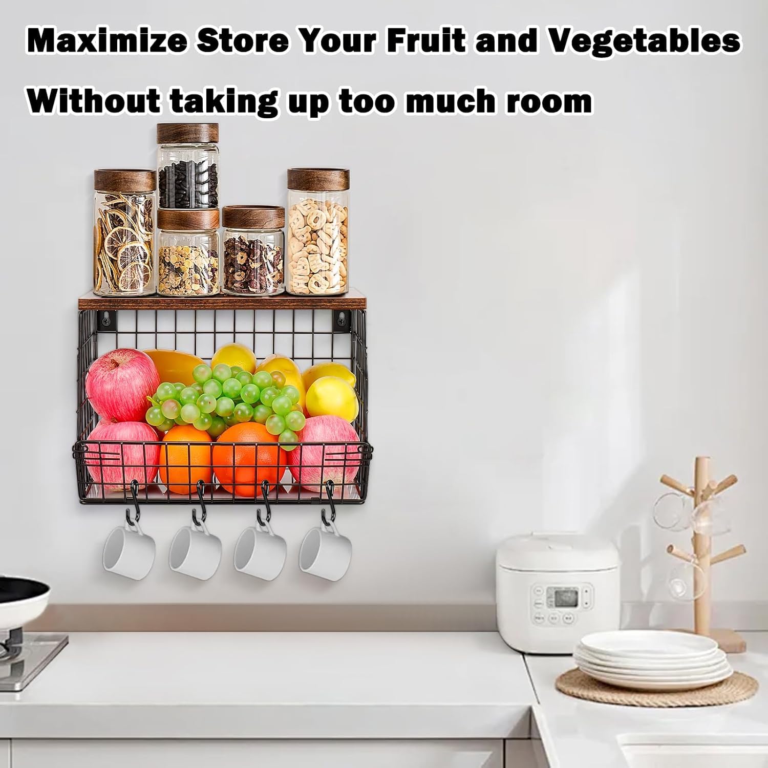 Tapvai Sprifityy Portafrutta Cesto Frutta da Tavolo,con Coperchio in Legno,Impilabile e Montabile a Parete Cestino Frutta,Frutta e Verdura Organizer da bagno in filo metallico