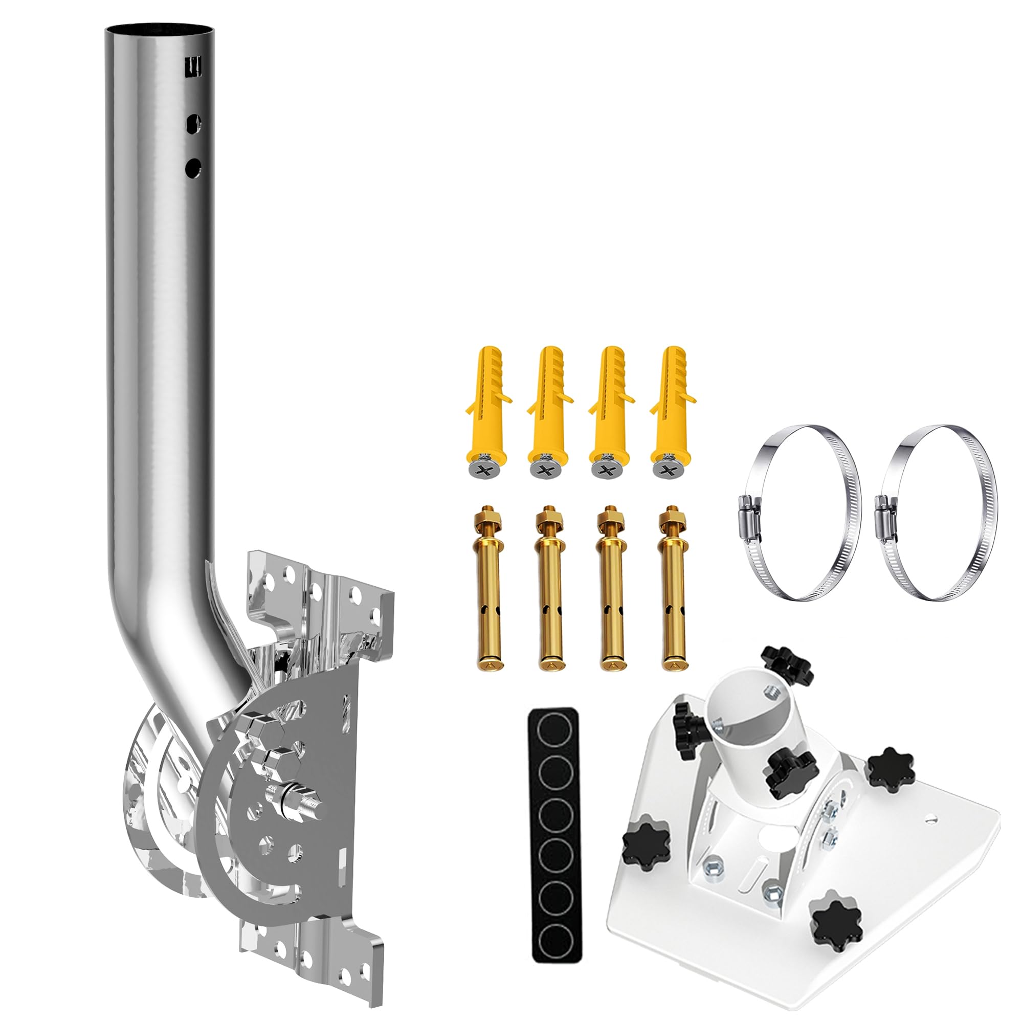 Heavy Duty Stainless Steel Pivot Antenna Mount Bracket with J-Pipe Mast (1.38'' x 12'') - Versatile Wall, Eave, or Roof Mounting for Outdoor TV Antennas and Starlink Dishes