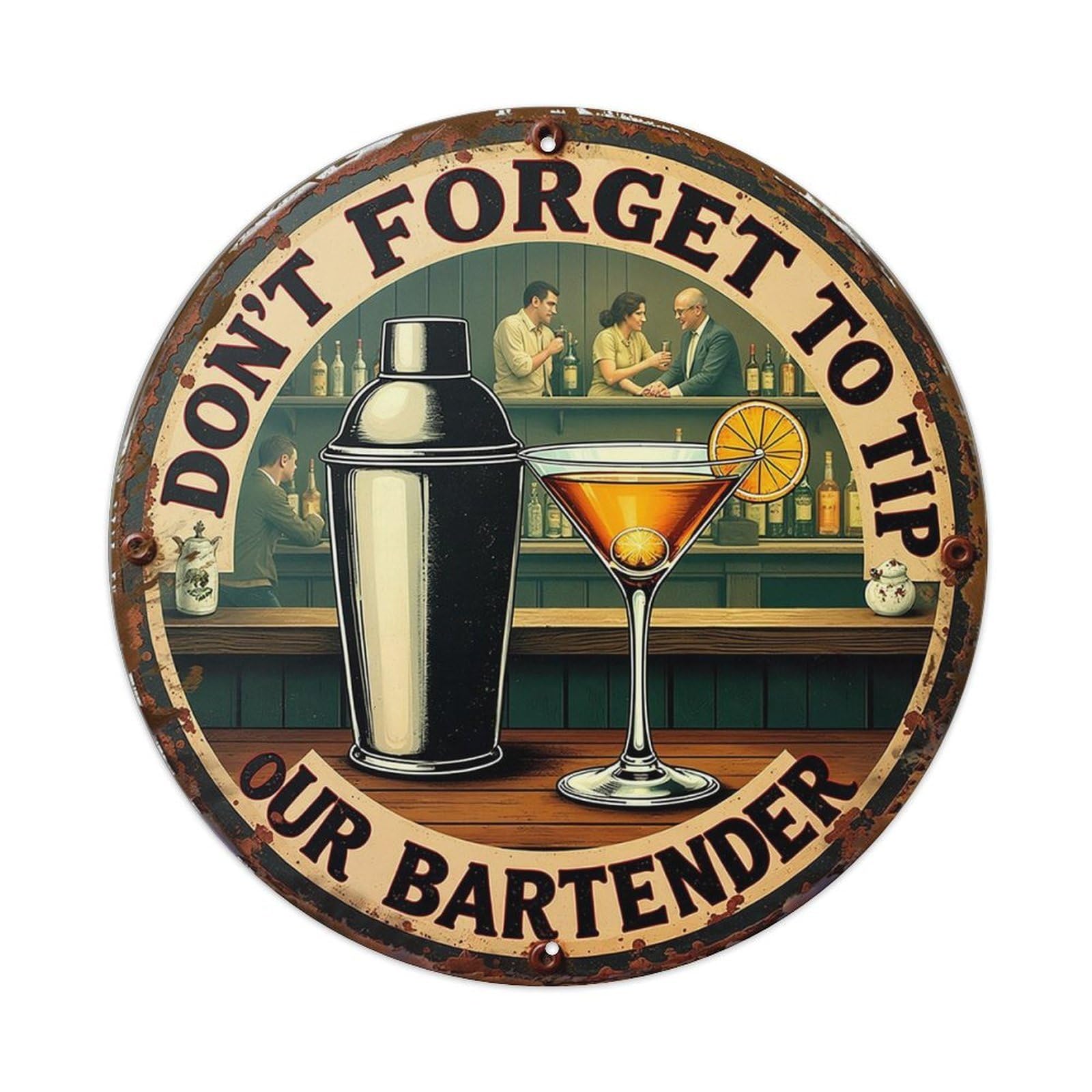 Don't Forget To Tip Our Bartender Vintage Round Tin Sign Retro Metal Wall Decor Metal Poster, Home Bar Garage Cafe Wall Art Decoration 8x8Inches