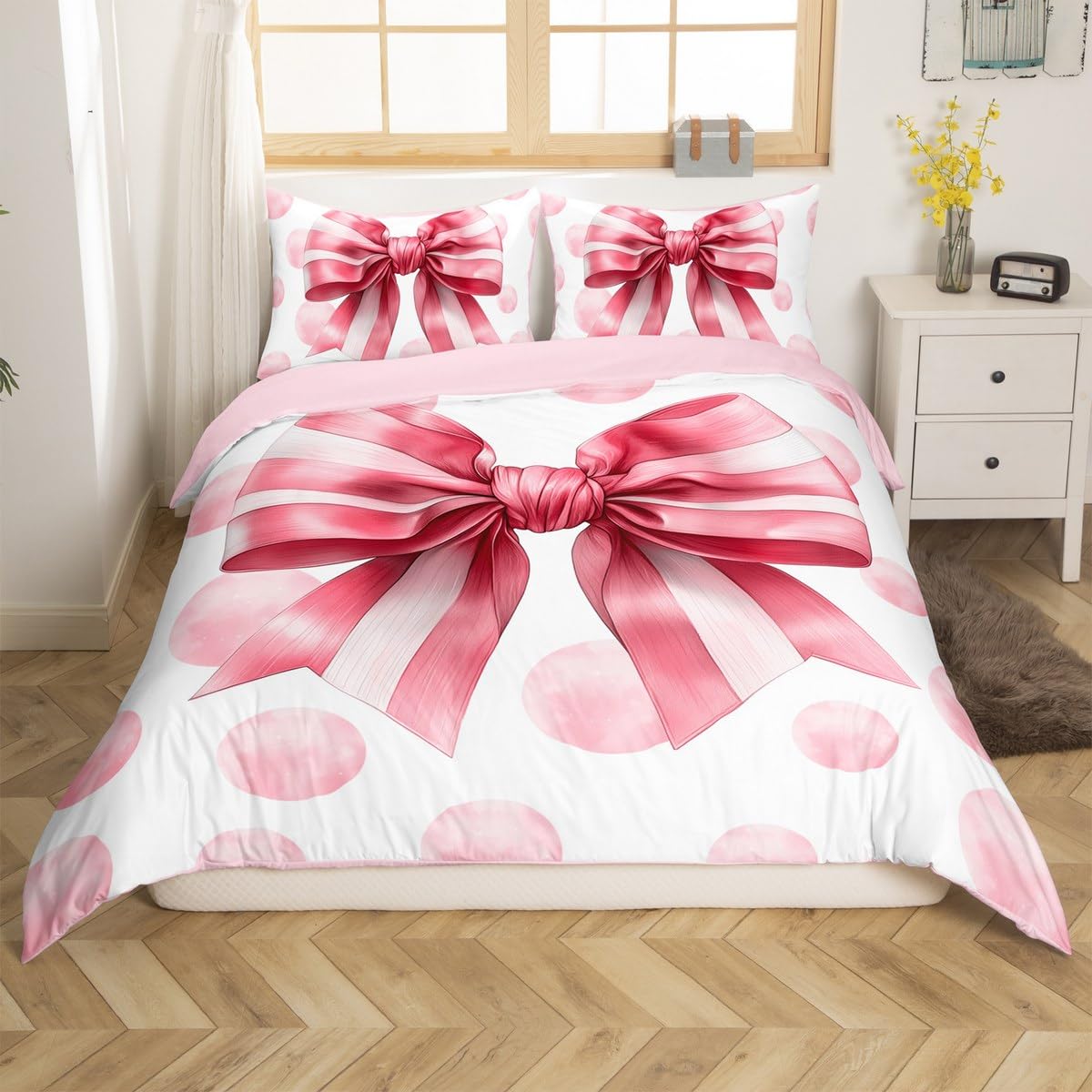 Juego de ropa de cama para niños y niñas, diseño floral de rayas rosas, tamaño doble, 3 piezas, suave, transpirable, con lazo, 1 funda nórdica y 2 fundas de almohada