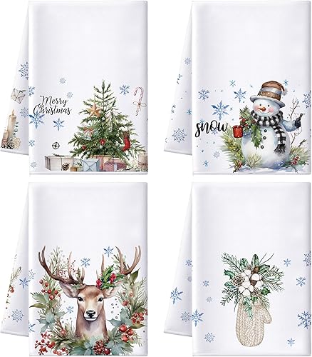 Juego de 4 toallas de cocina de Navidad de 17 x 26 pulgadas, absorbentes de Navidad, árbol de Navidad, copo de nieve, muñeco de nieve, toalla de