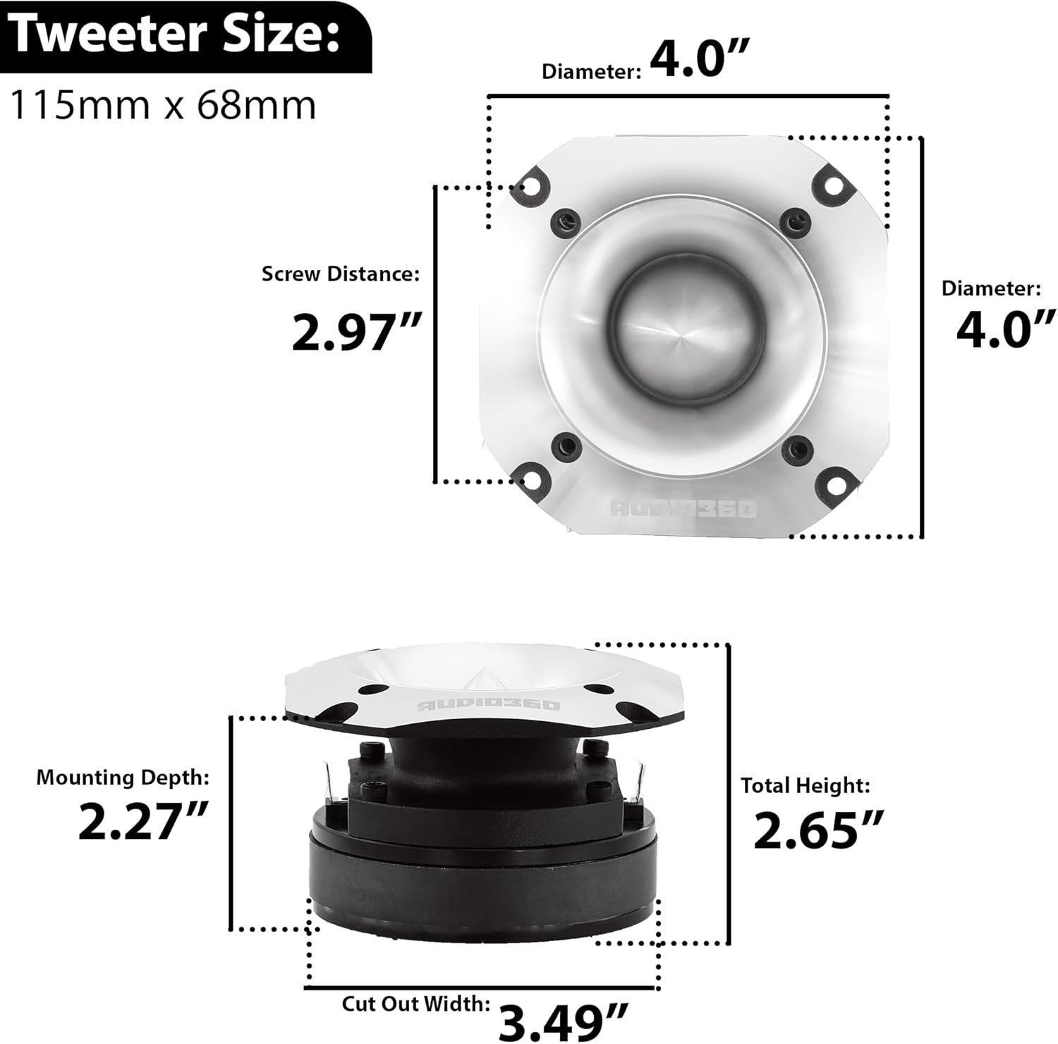Audio360 AD36TW 4-Inch Super Tweeter Speaker, 4 Ohm, 1800W Max Power, 105dB Sensitivity, Titanium Diaphragm, CCAW Voice Coil for Pro Car Audio