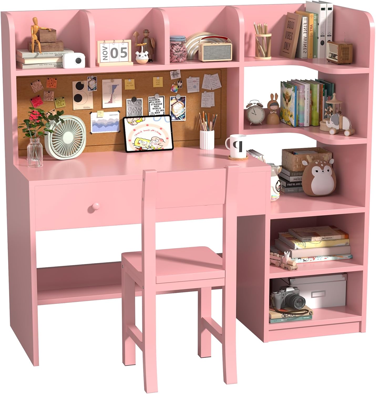 Wooden Pink Kids Study Desk and Chair Set, 2 Drawers and 2 Storage Cabinets, Children Desk with 4 Open Hutch and Bookshelf, Girls Study Desk for Kids Bedroom