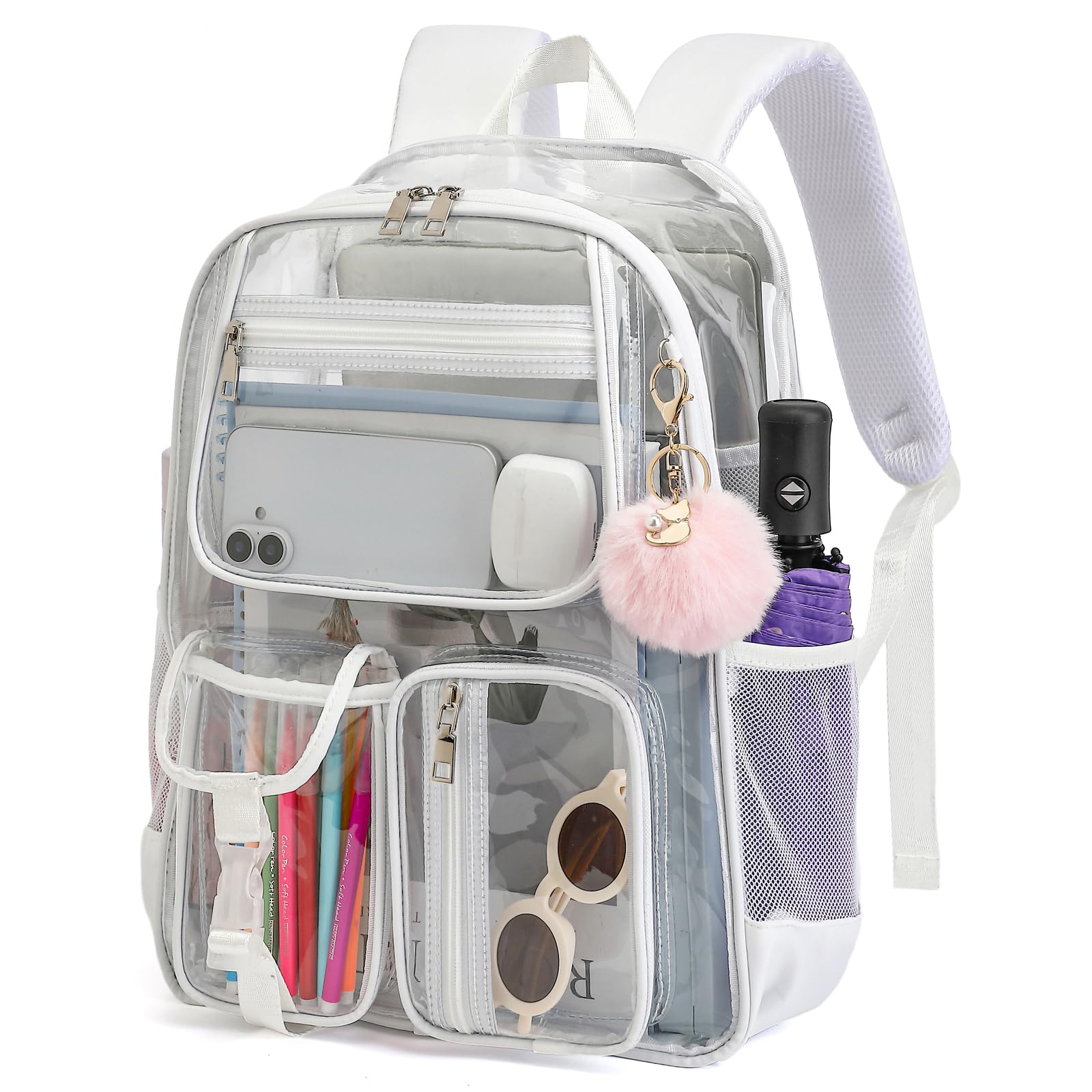 Lrenagao Clear Backpacks for Girls Women, Heavy Duty PVC Transparent School Bookbag See Through Back Pack for College Work Travel (White)