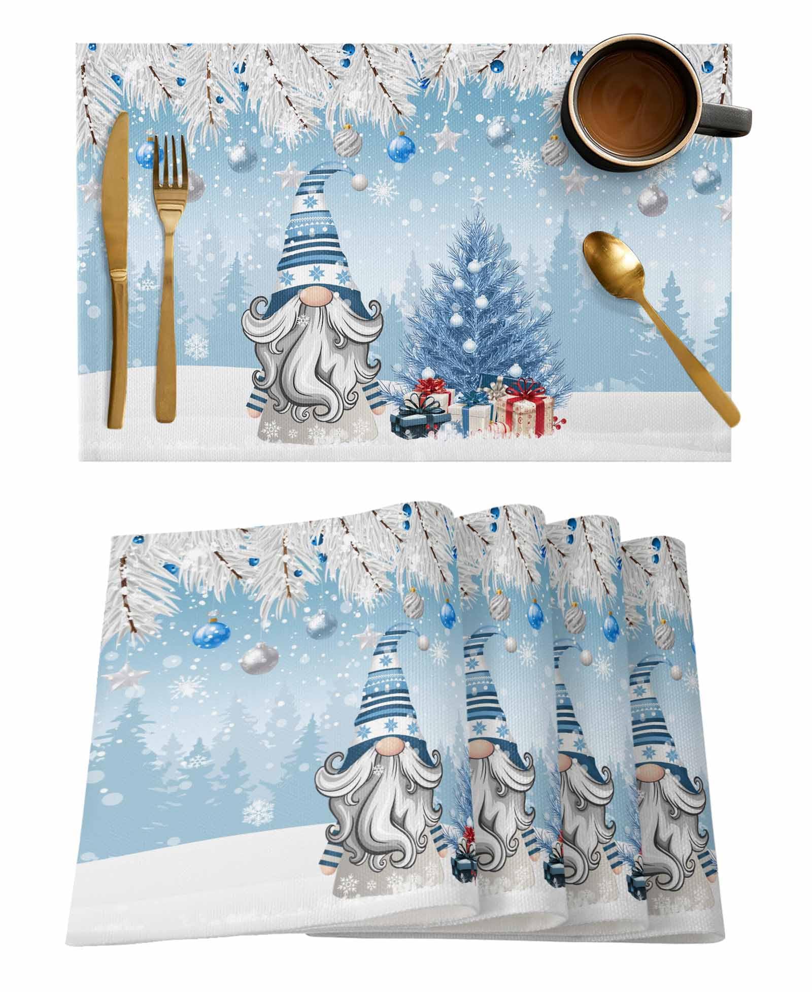 Christmas Gnome Placemats Set of 6, Winter Merry Christmas Tree Balls Heat Resistant Washable Table Place Mats Blue Cotton Table Linens Party Holiday