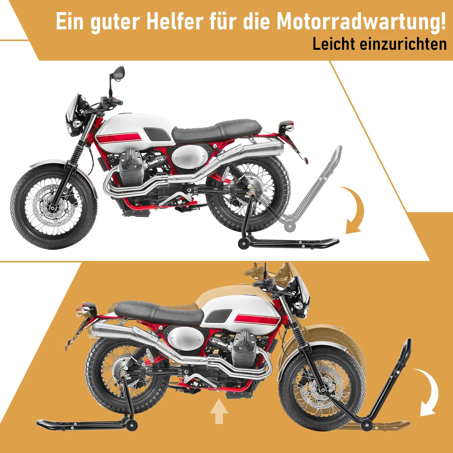 Stojak na motocykl, podnośnik do motocykla, tylny stojak z podwójnymi kółkami, regulacja szerokości, prace montażowe do motocykli do 300 kg, stabilność (czarny)