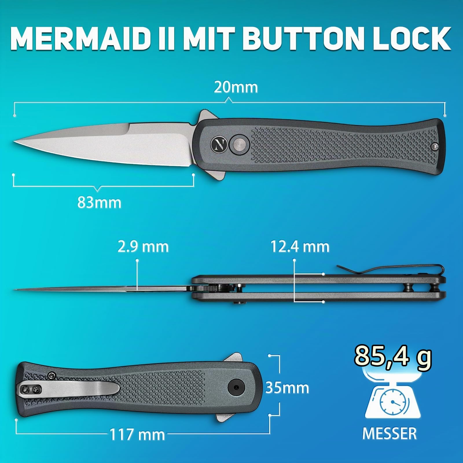 NedFoss MERMAID II couteau pliant, 14C28N acier couteau survie, Longueur lame 7.5 cm, Poignée en aluminium à poids réduit, clip ceinture, button lock, mini couteau de poche