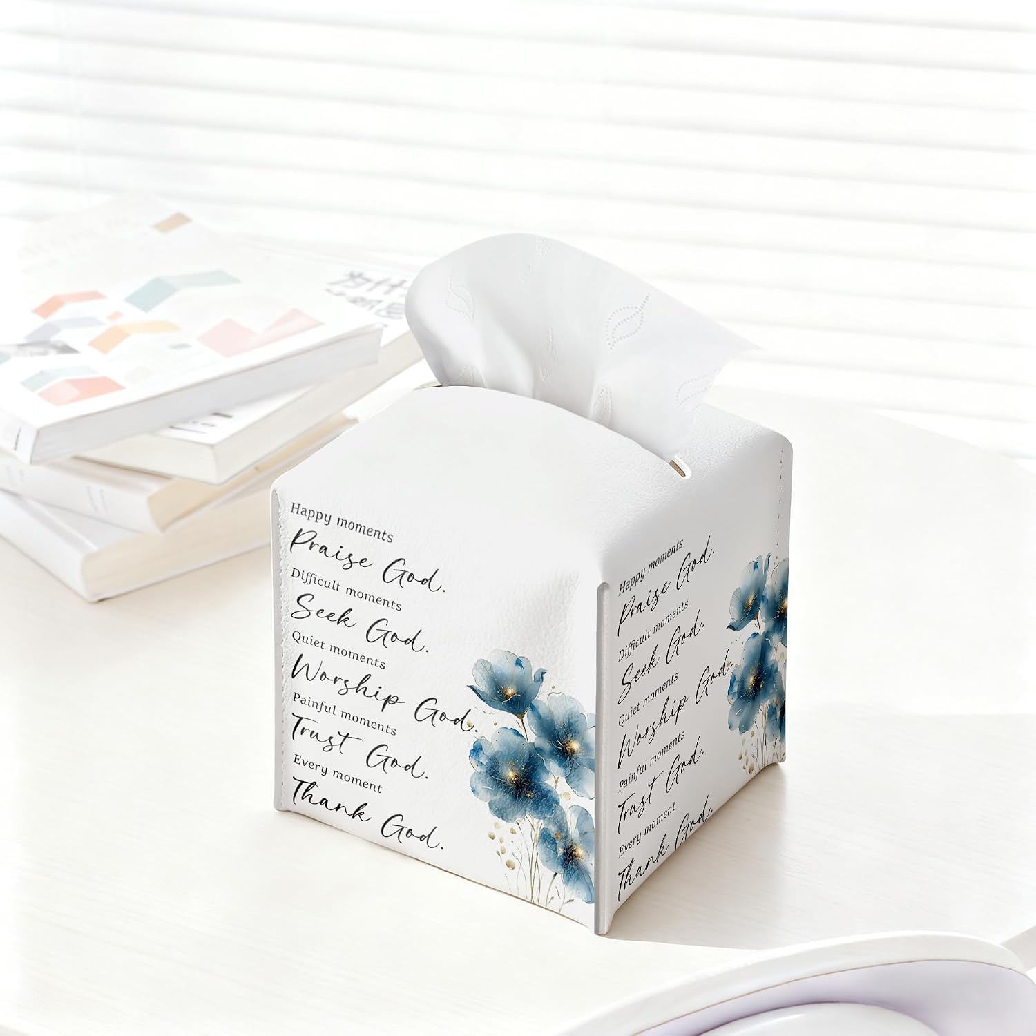Blue Floral Tissue Box Cover, PU Leather Drawstring Bottom - Thank God, Inspirational Quotes, A Thoughtful Gift for Friends, Colleagues & Christian Loved Ones | Decorative Organizer image 4